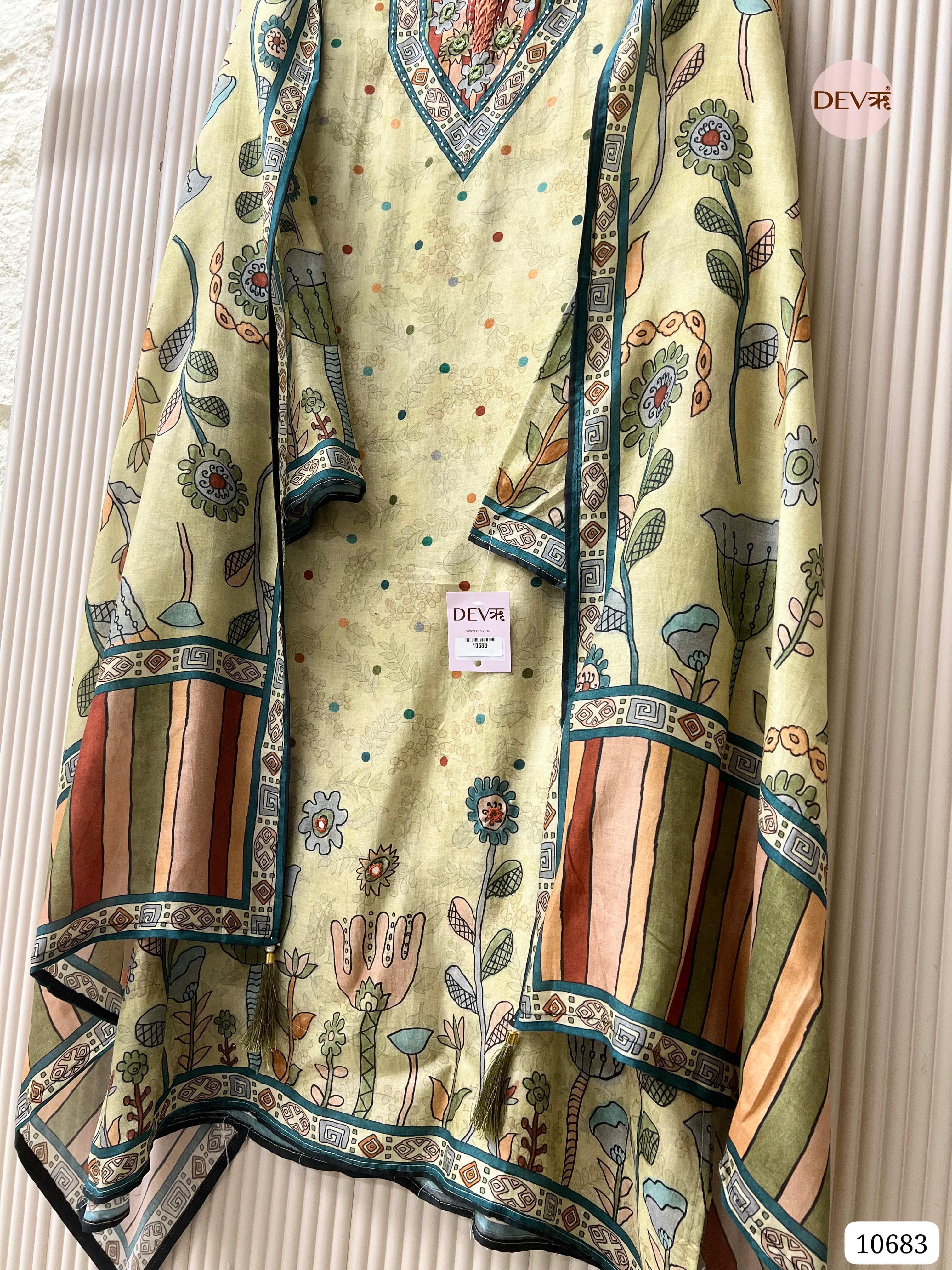 Yellow Muslin Printed Semi Stitched Hand Embroidered -Set Of 3 {10683}
