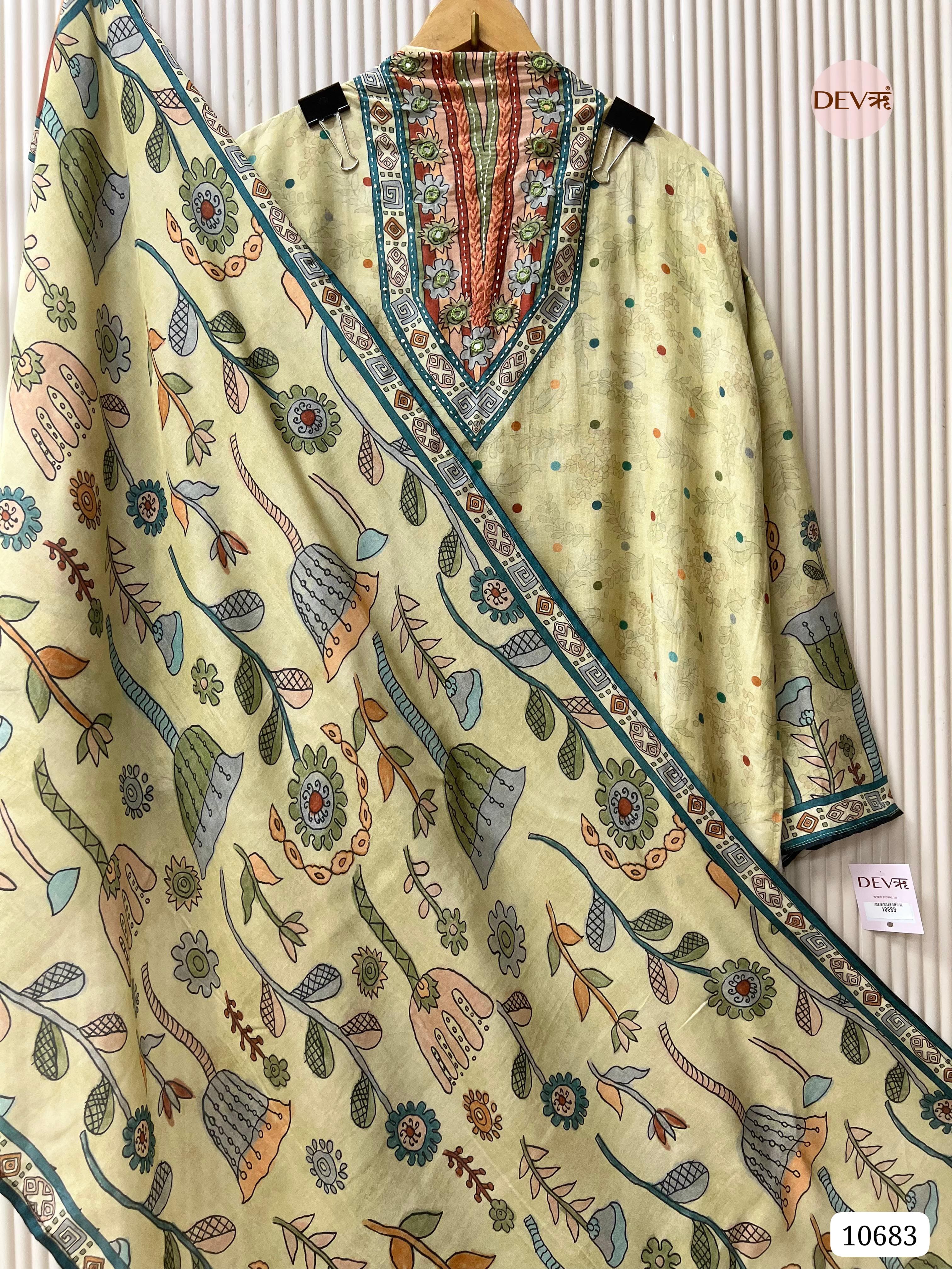 Yellow Muslin Printed Semi Stitched Hand Embroidered -Set Of 3 {10683}