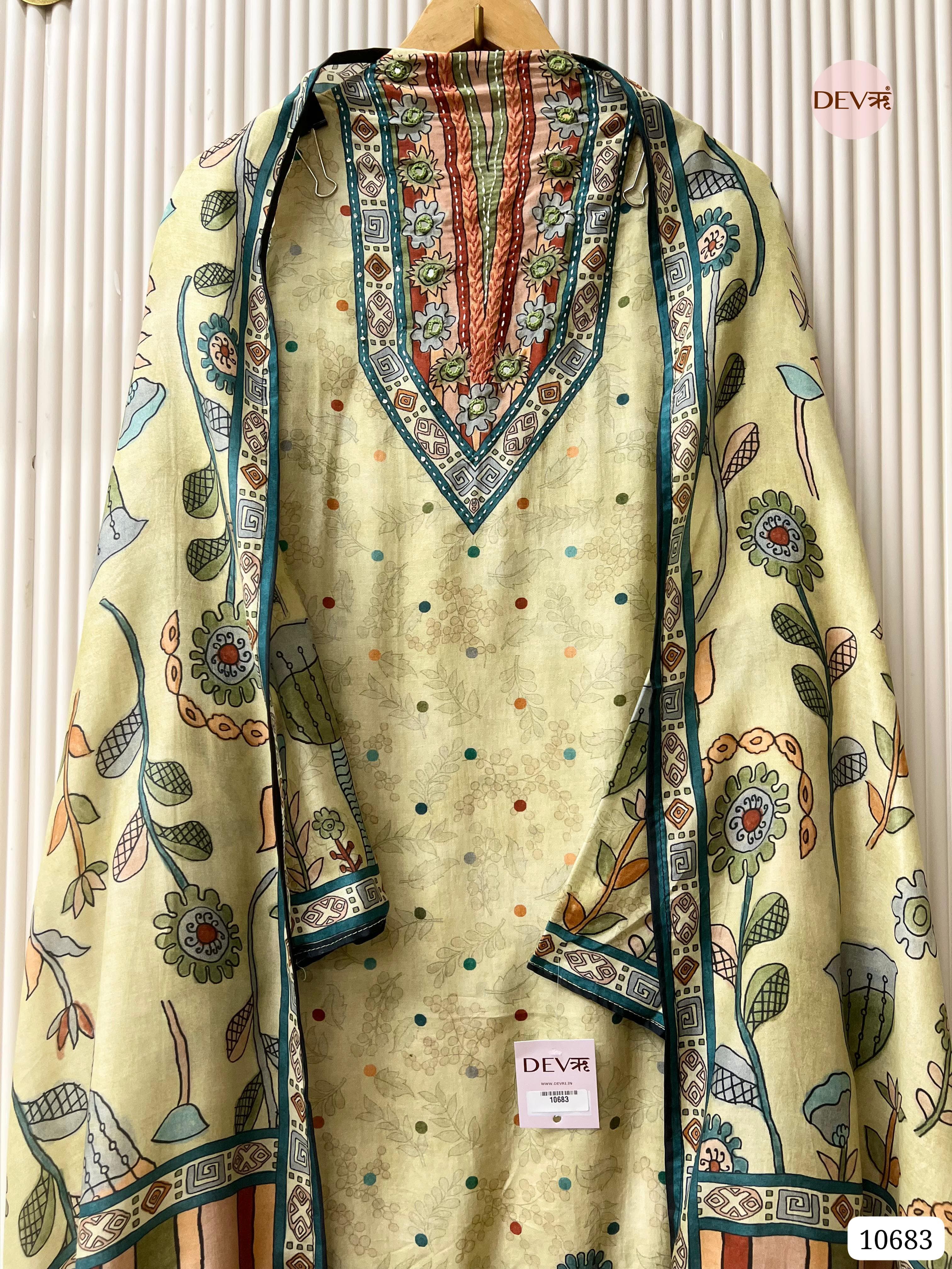 Yellow Muslin Printed Semi Stitched Hand Embroidered -Set Of 3 {10683}