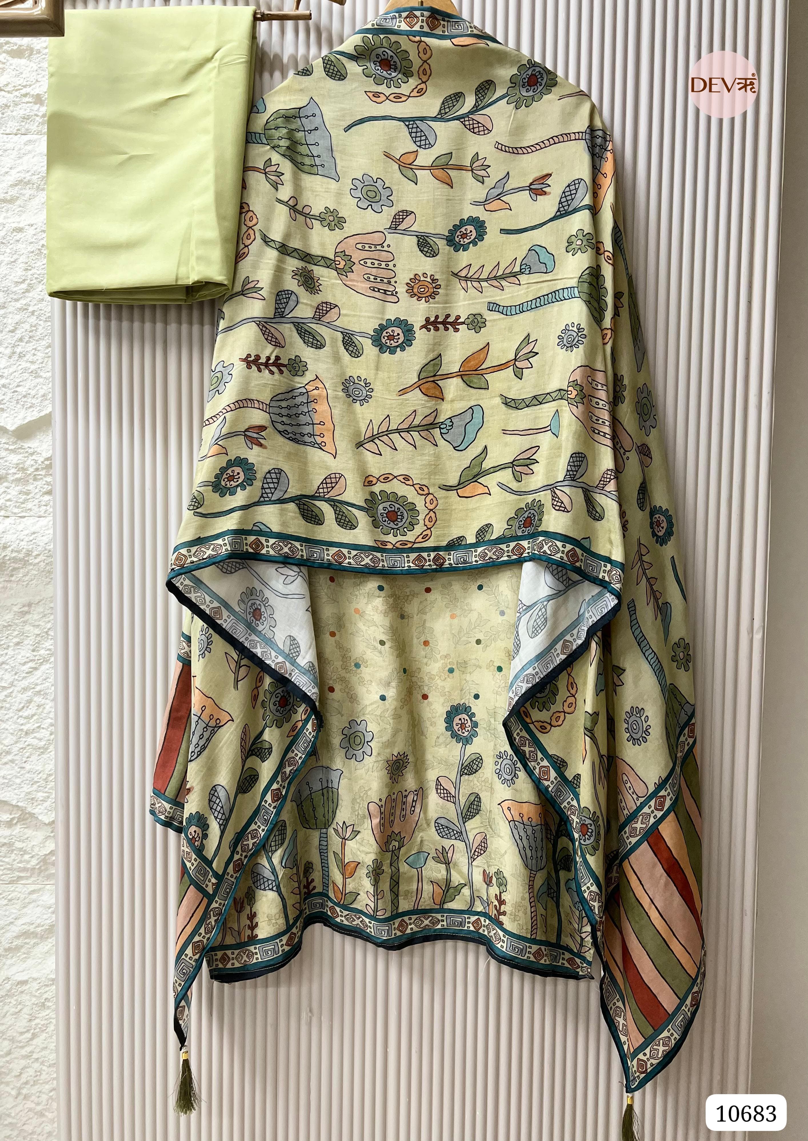 Yellow Muslin Printed Semi Stitched Hand Embroidered -Set Of 3 {10683}