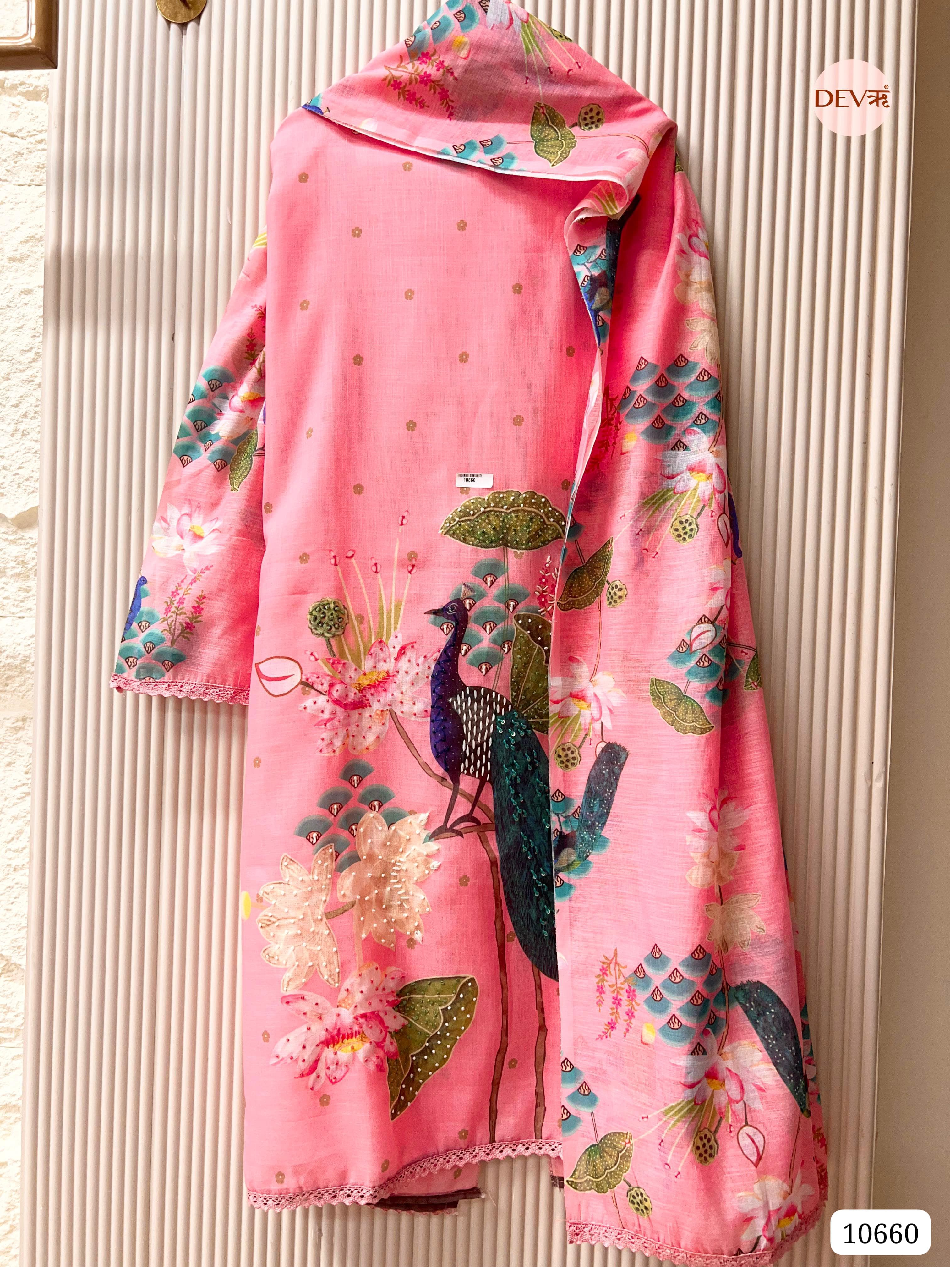 Pink Linen Cotton Unstitched printed Hand Embroidered -Set Of 3
