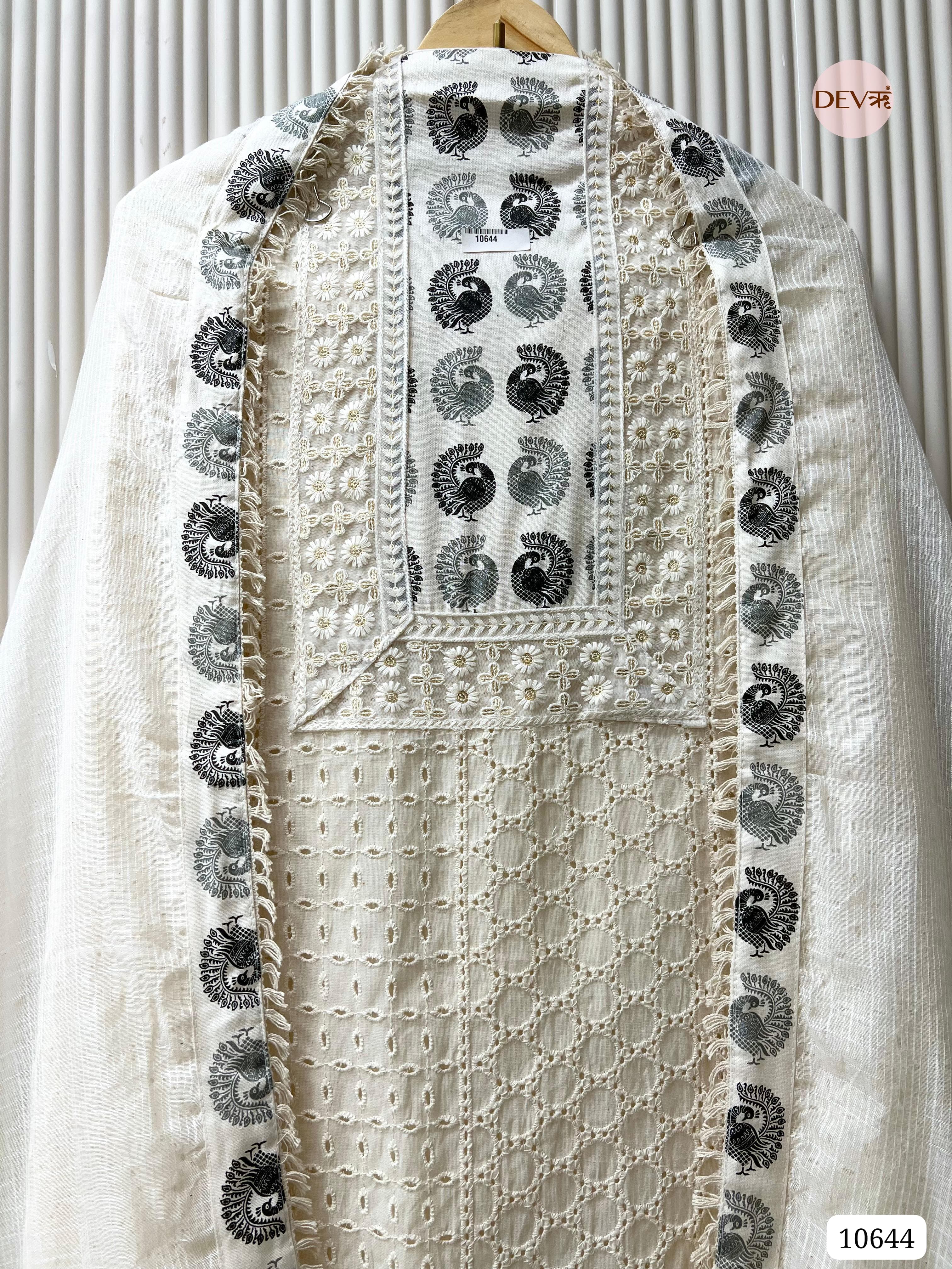 White Cotton Chikan Unstitched Embroidered -Set Of 3 {10644}