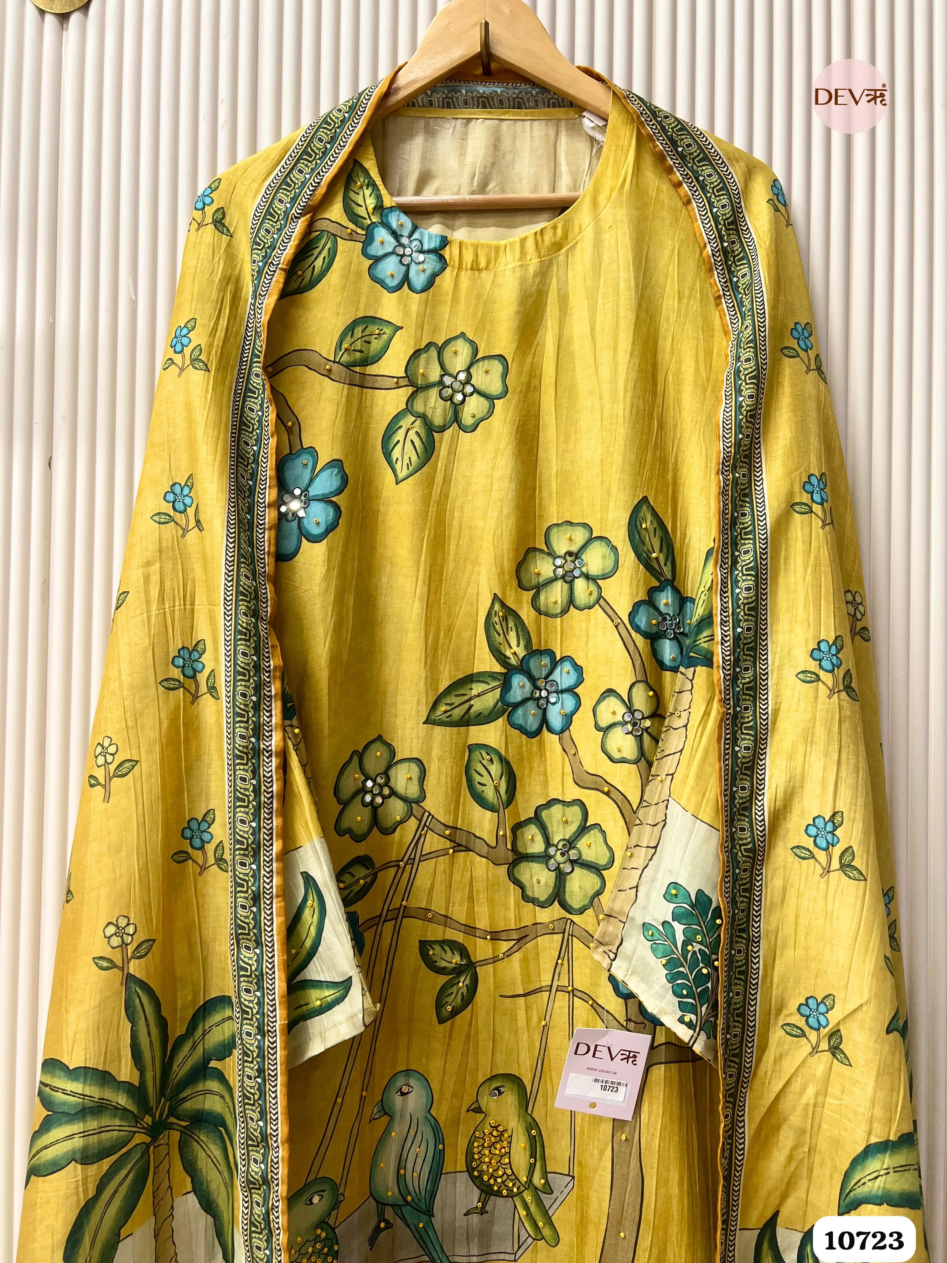 Yellow Muslin Semi Stitched Printed Hand Embidered -Set Of 3