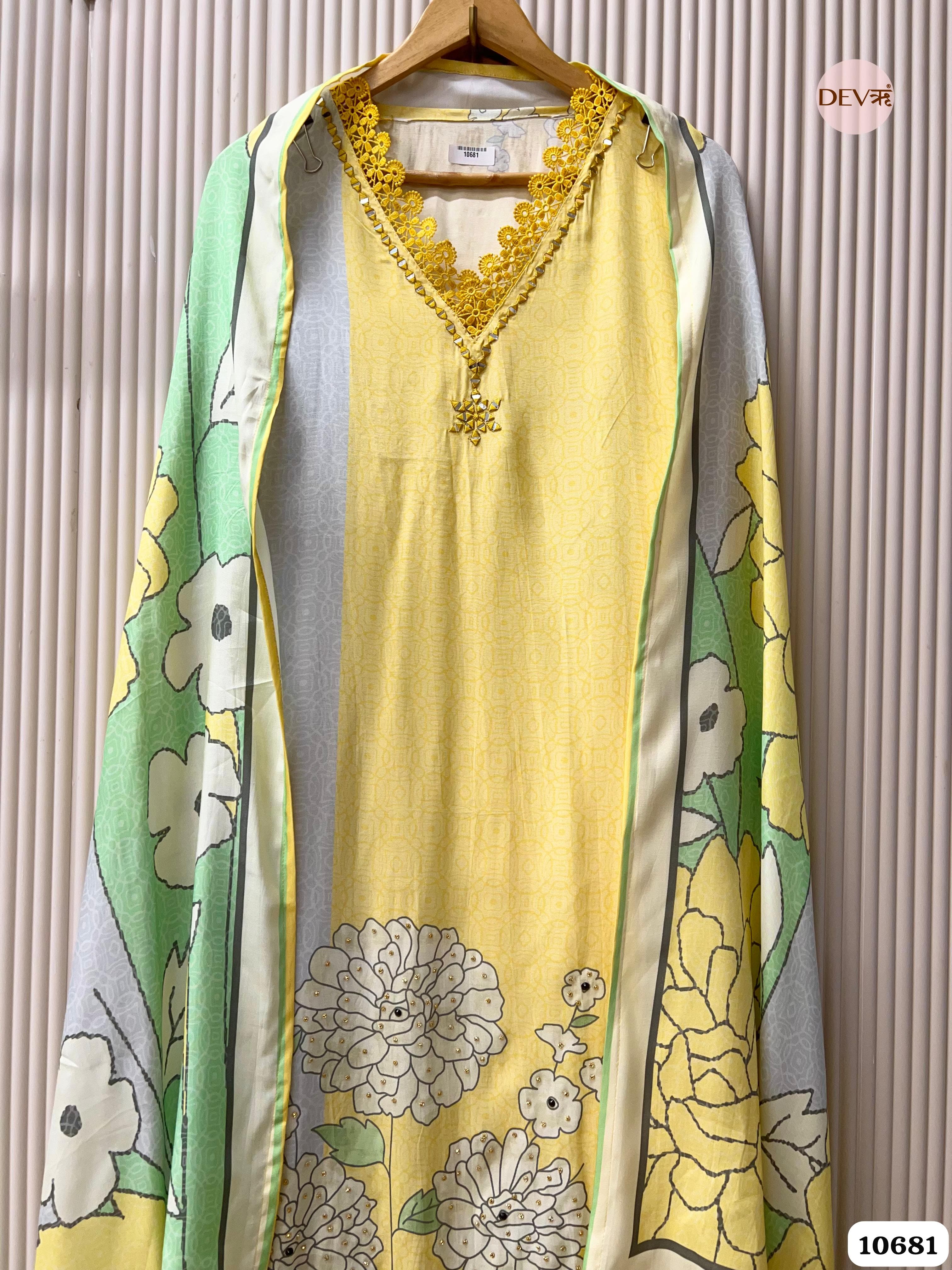 Yellow Muslin Semi Stitched Printed Hand Embidered -Set Of 3 {10681}