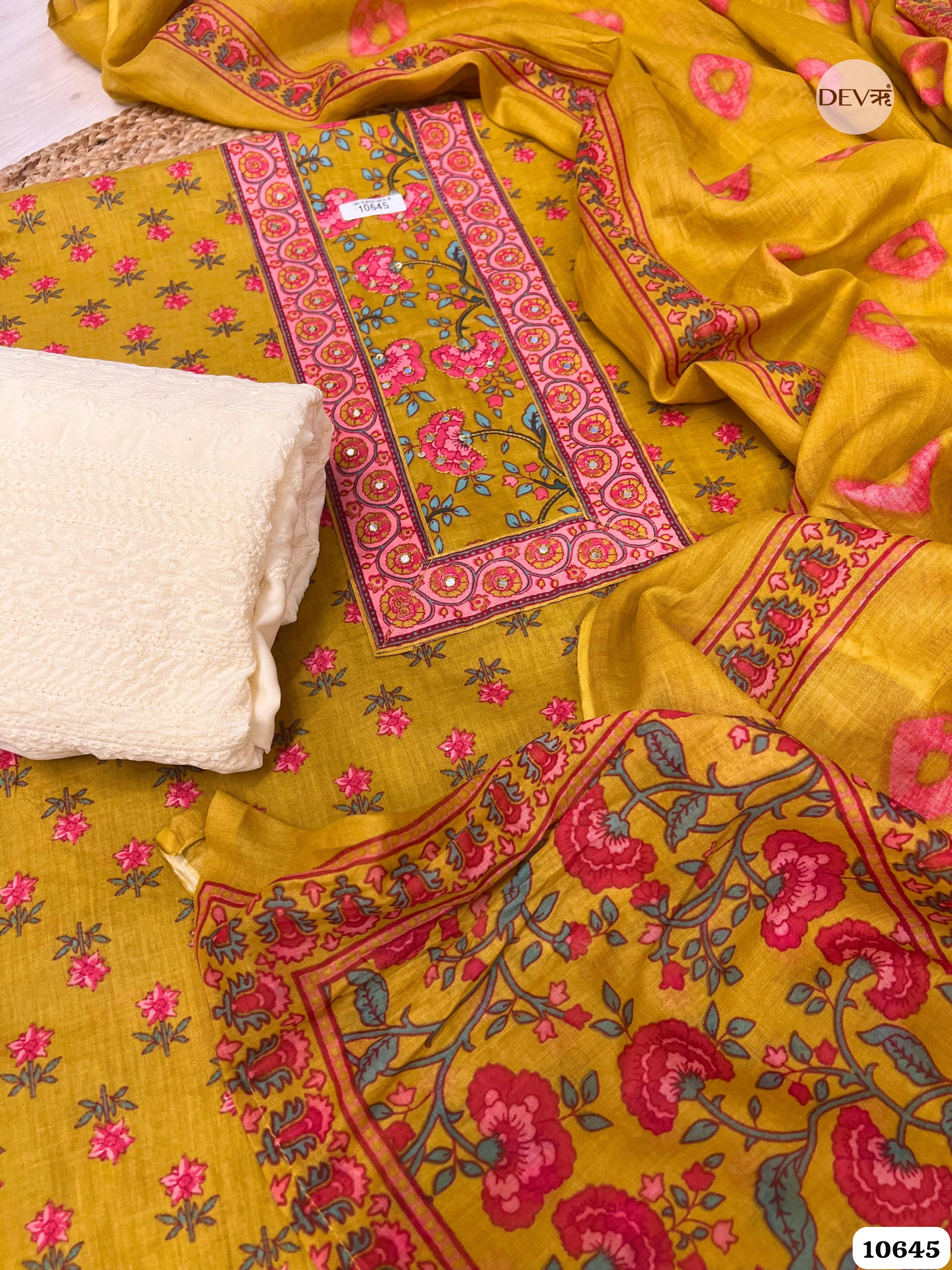 Yellow Cotton Unstitched Printed Hand Embidered -Set Of 3