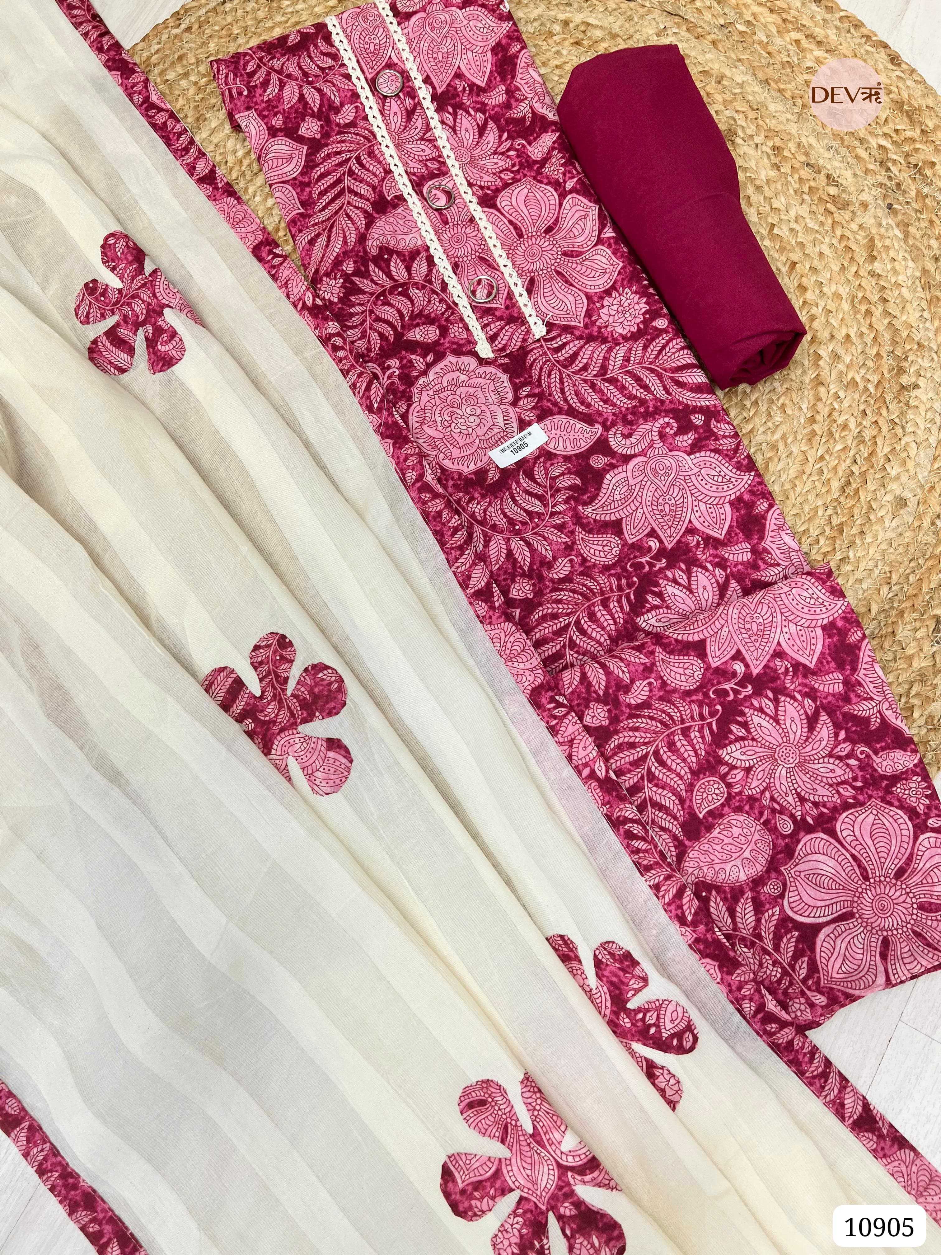 Pink Cotton Unstitched Printed - Set Of 3 {10905}