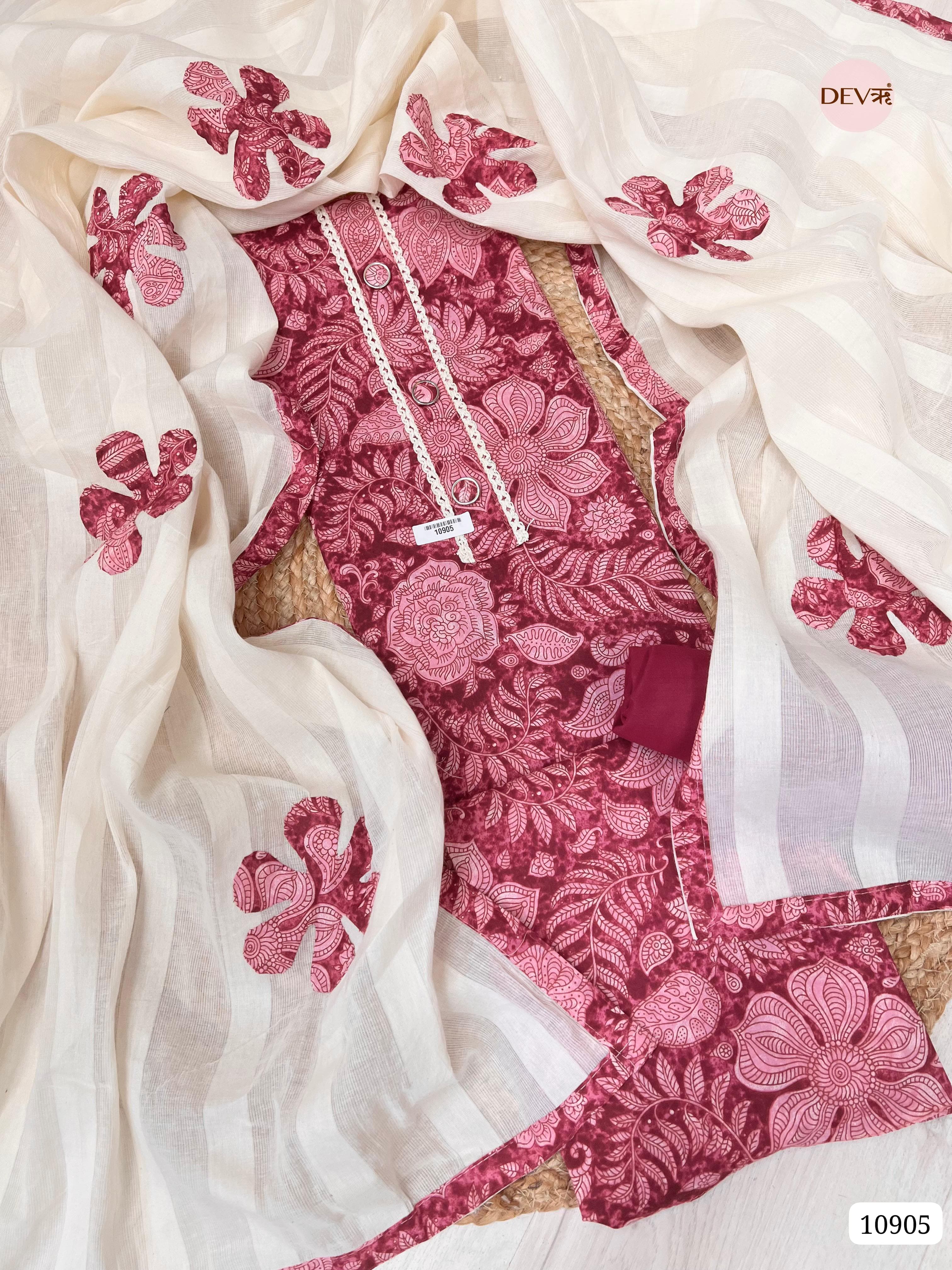 Pink Cotton Unstitched Printed - Set Of 3 {10905}