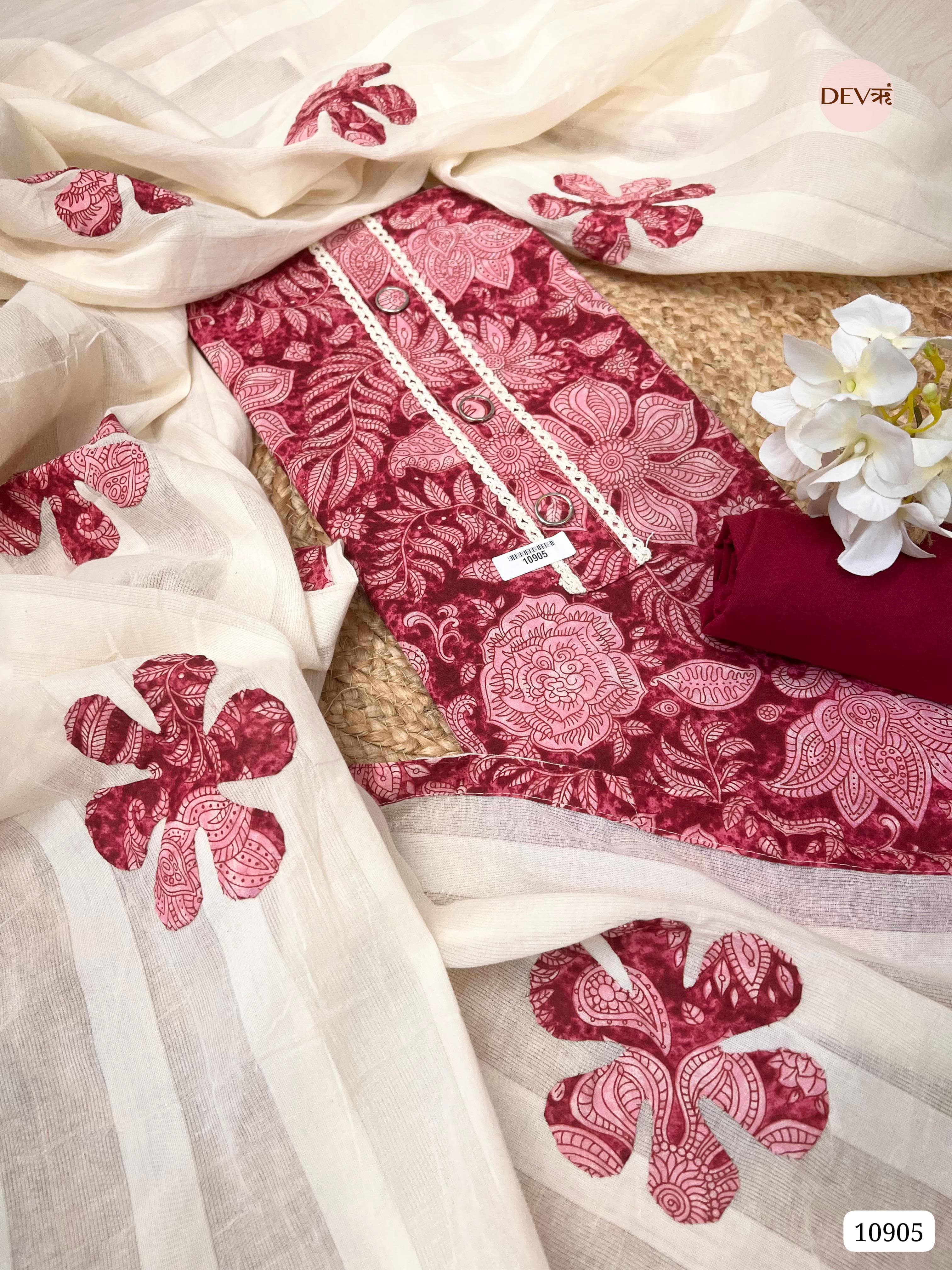 Pink Cotton Unstitched Printed - Set Of 3 {10905}