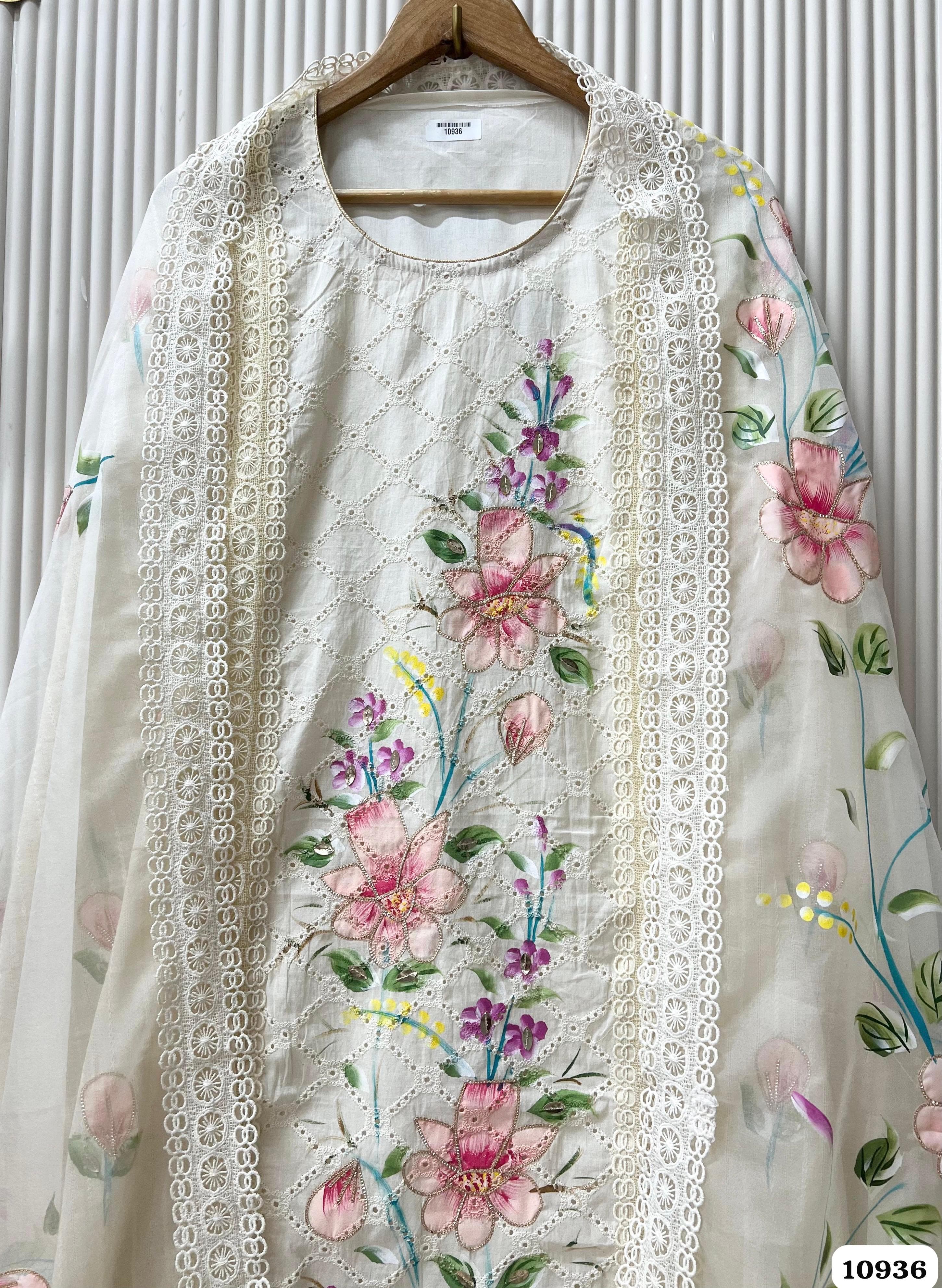 White Cotton Unstitched Printed hand Embroidered -Set  Of 3