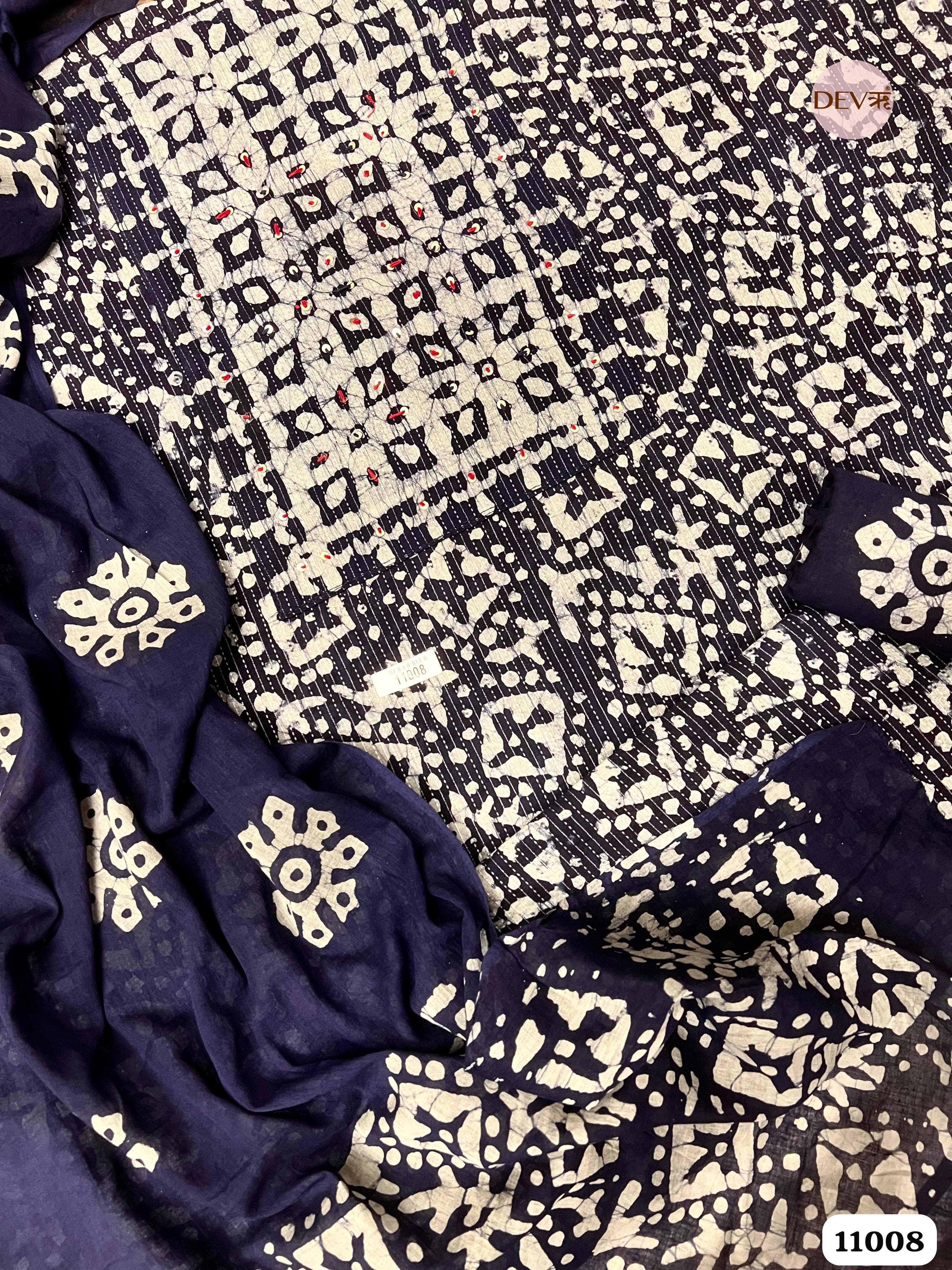 Blue Cotton Unstitched Batik Printed Hand Embidered -Set Of 3 {11008}