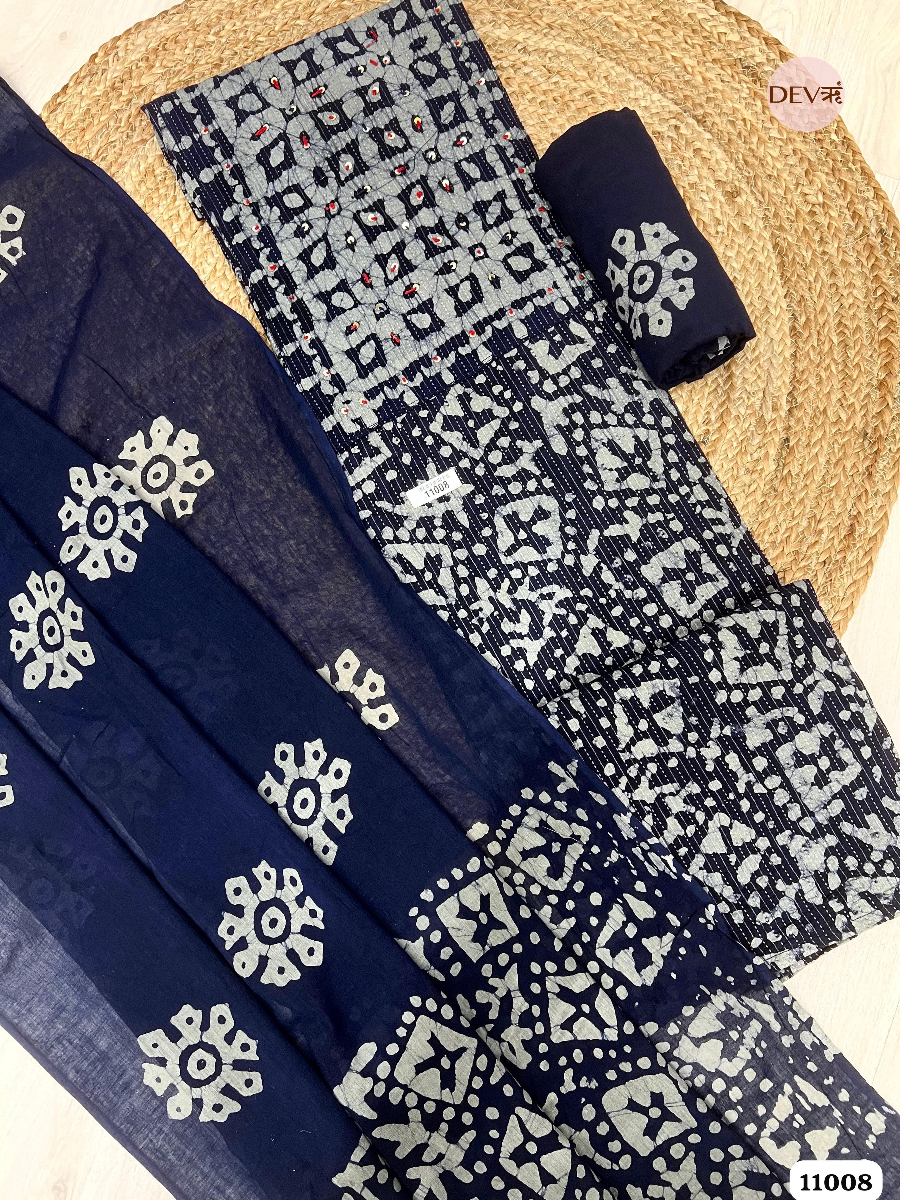 Blue Cotton Unstitched Batik Printed Hand Embidered -Set Of 3 {11008}