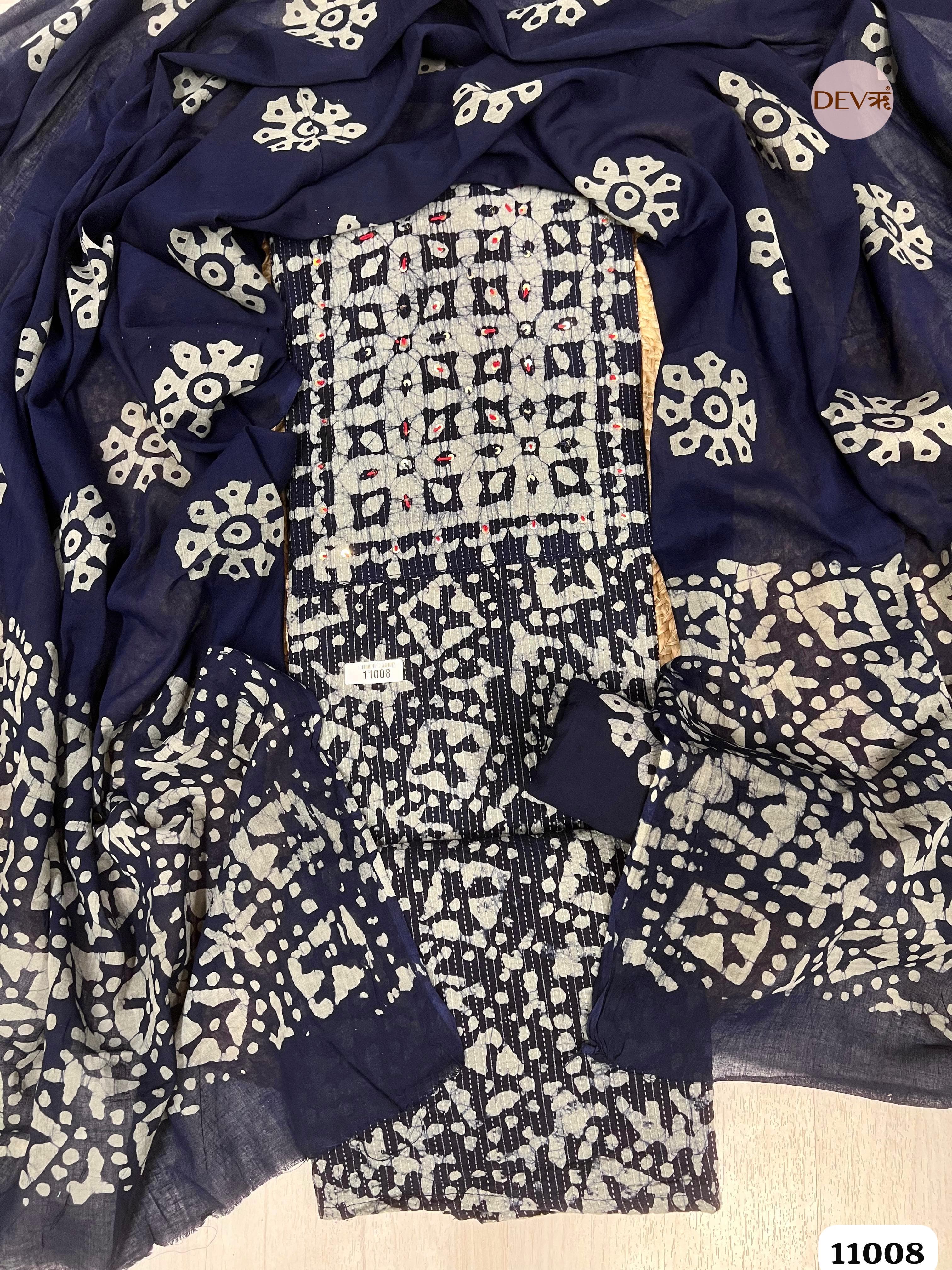 Blue Cotton Unstitched Batik Printed Hand Embidered -Set Of 3 {11008}