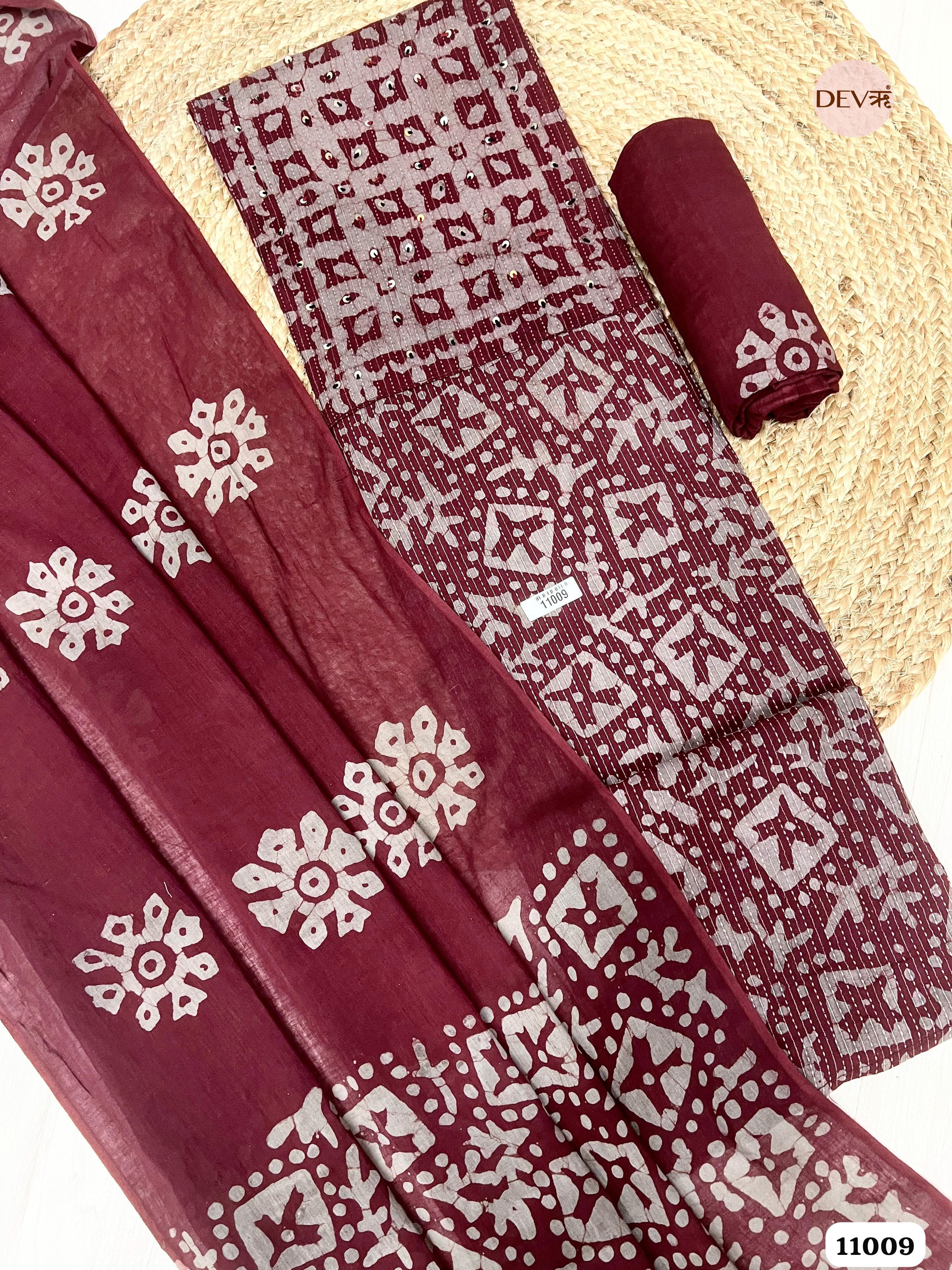 Maroon Cotton Unstitched Batik Printed Hand Embidered -Set Of 3 {11009}