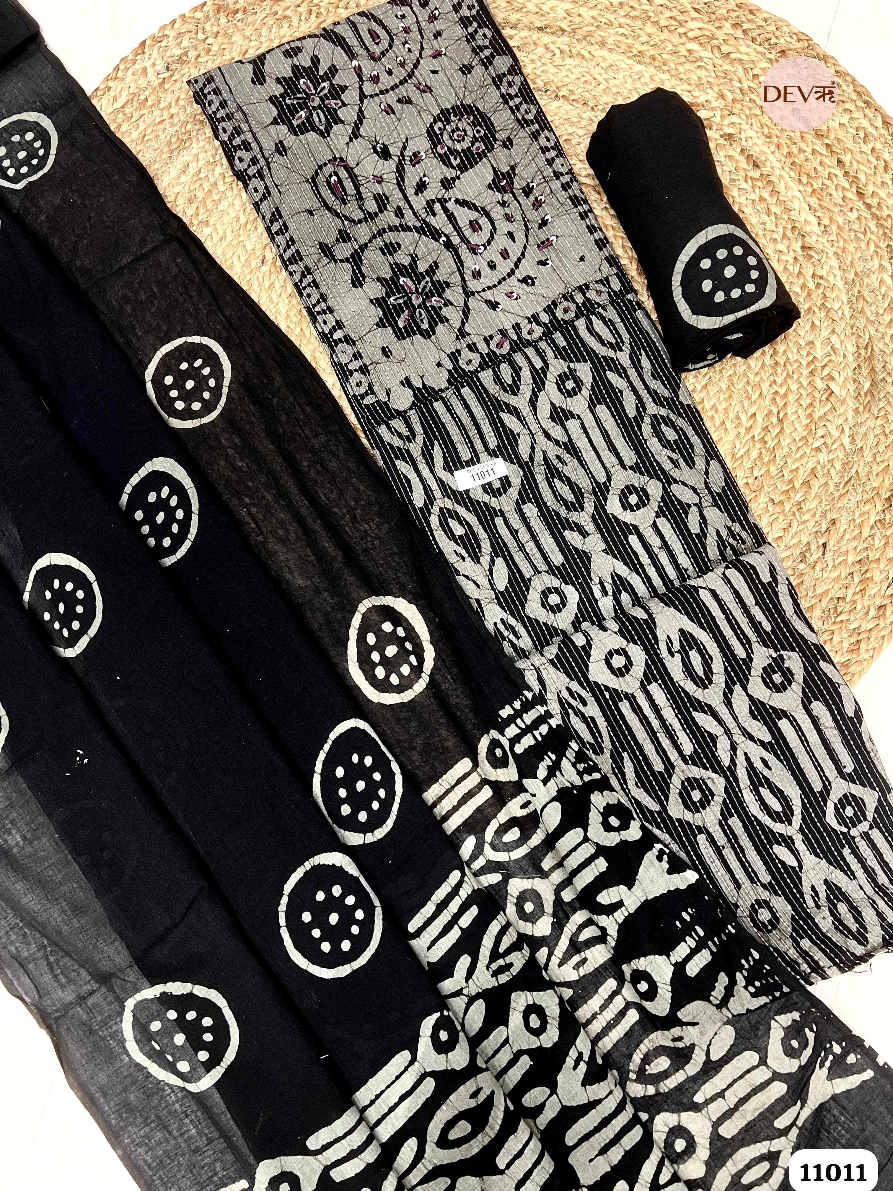 Black Cotton Unstitched Batik Hand Embroidered Printed -Set Of 3 {11011}