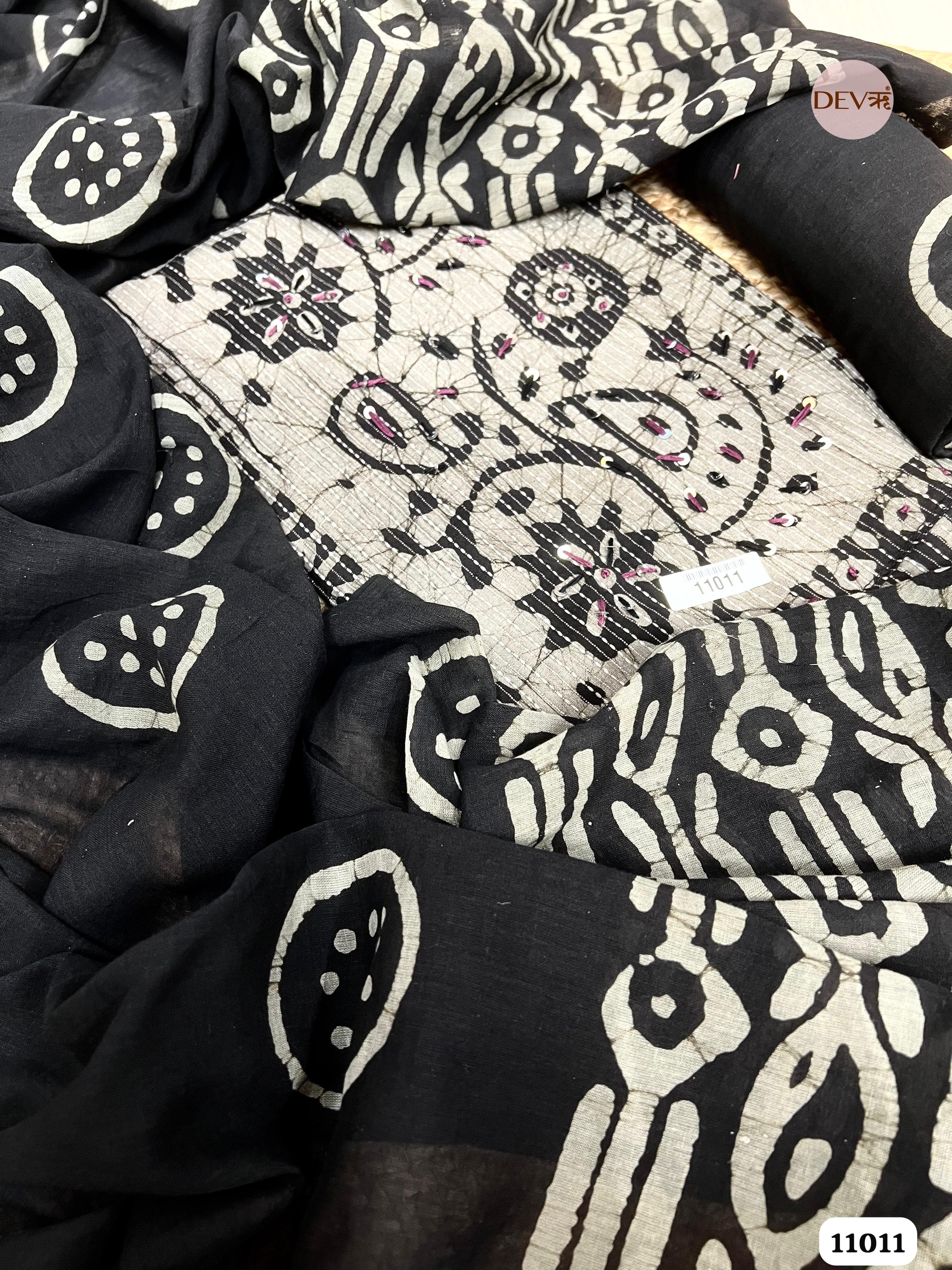 Black Cotton Unstitched Batik Hand Embroidered Printed -Set Of 3 {11011}