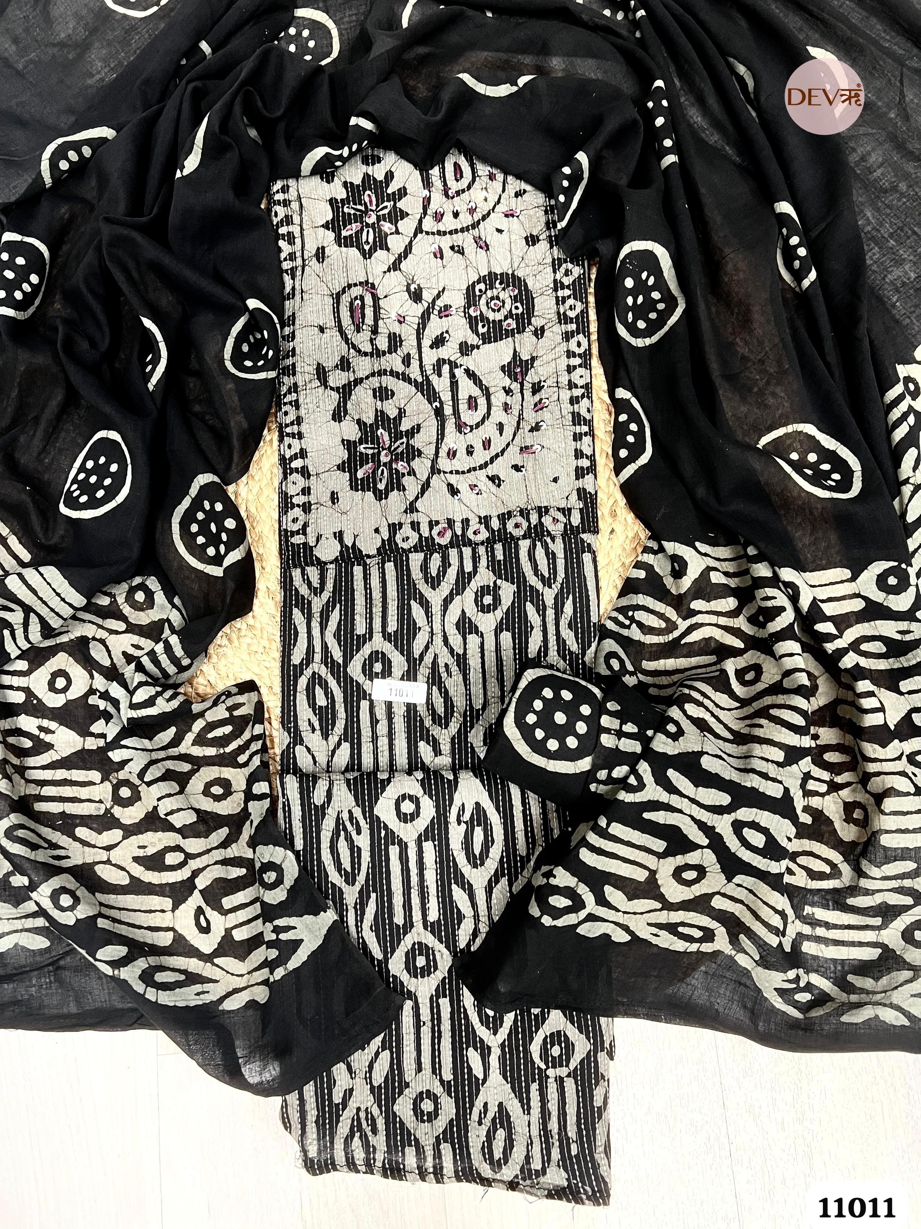 Black Cotton Unstitched Batik Hand Embroidered Printed -Set Of 3 {11011}