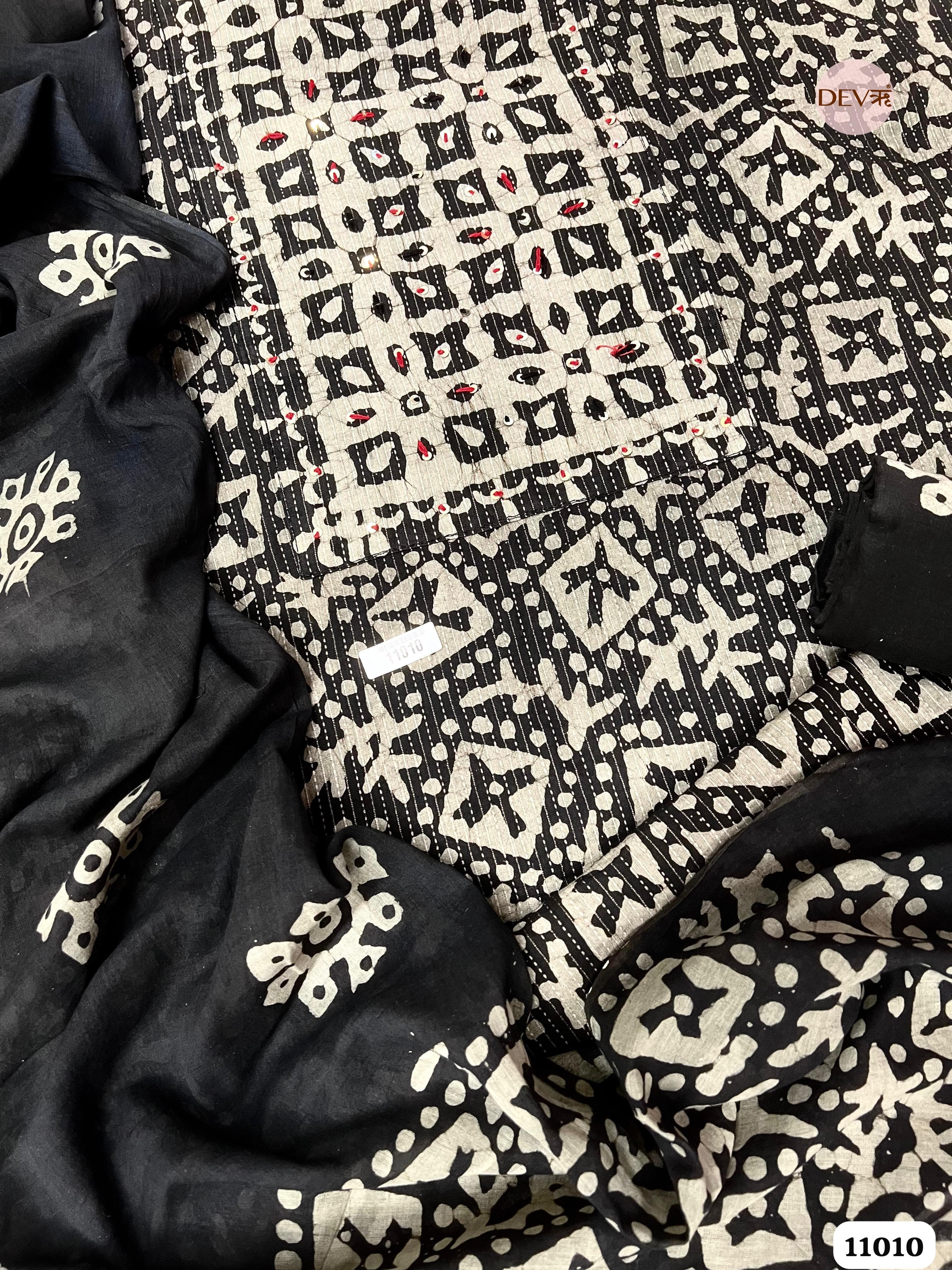 Black Cotton Unstitched Batik Hand Embroidered Printed -Set Of 3 {11010}