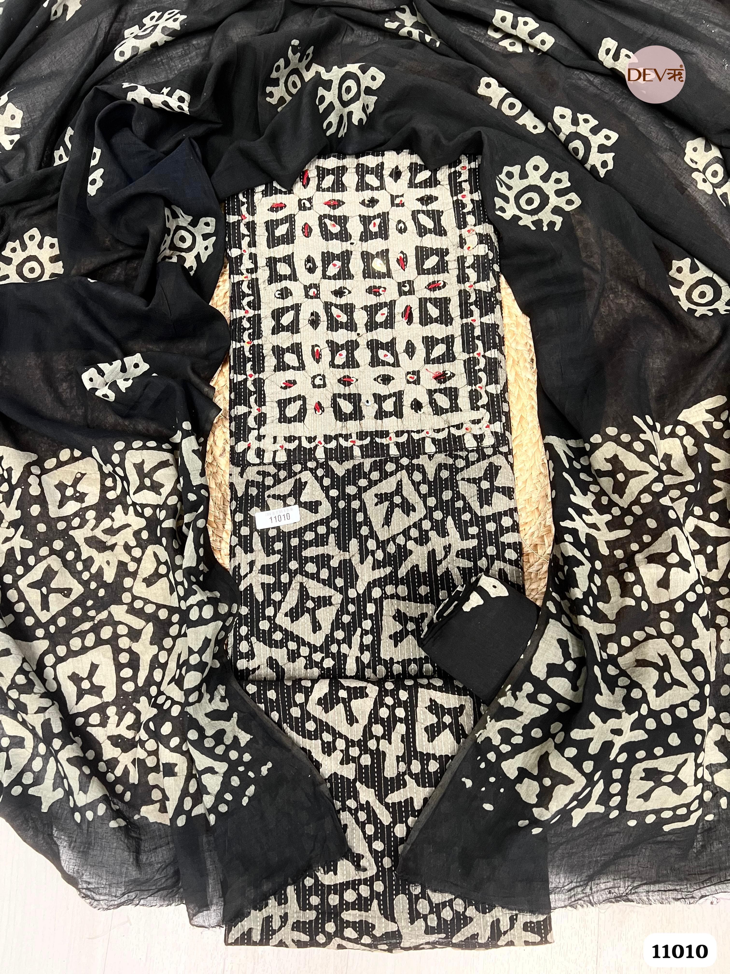 Black Cotton Unstitched Batik Hand Embroidered Printed -Set Of 3 {11010}