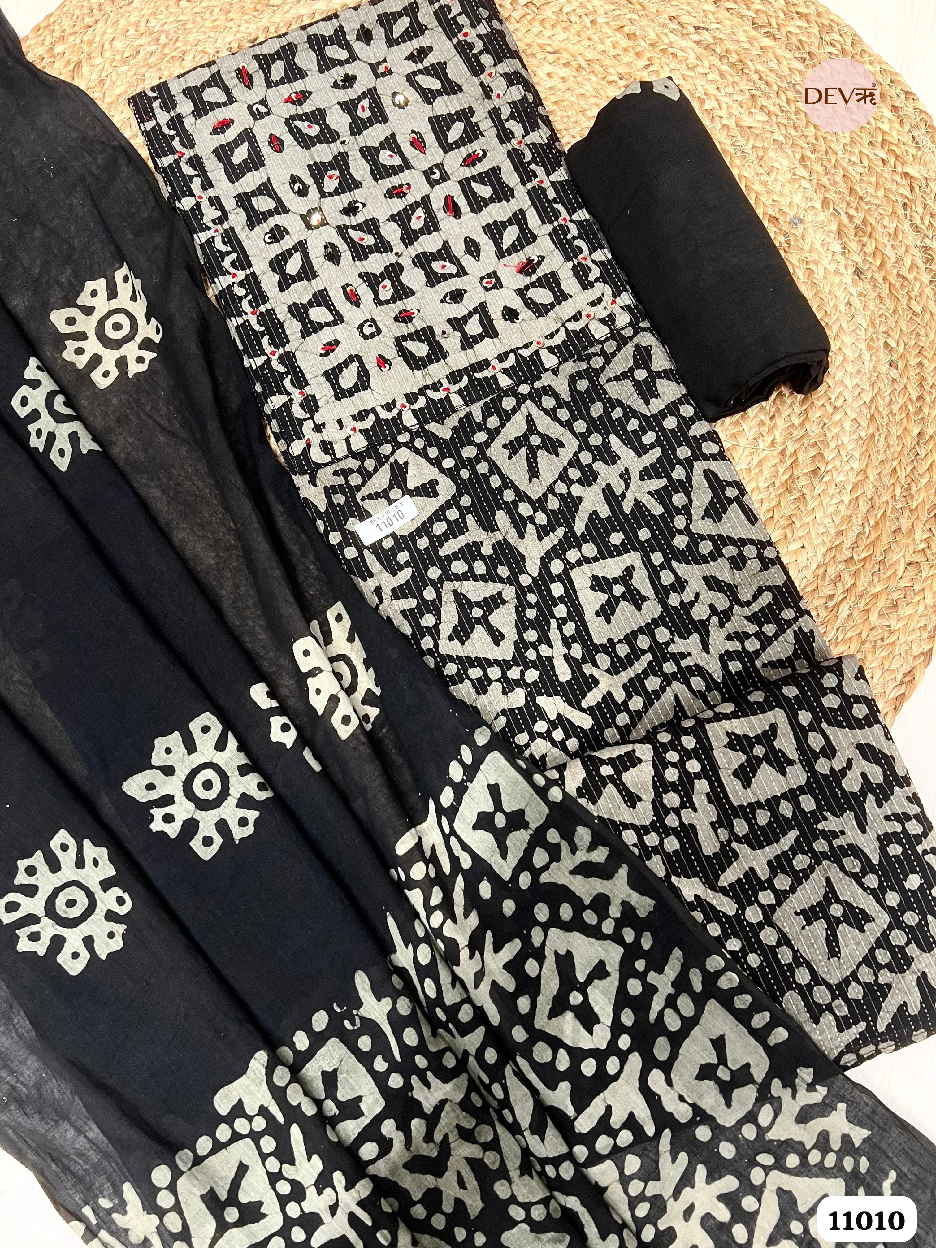 Black Cotton Unstitched Batik Hand Embroidered Printed -Set Of 3 {11010}