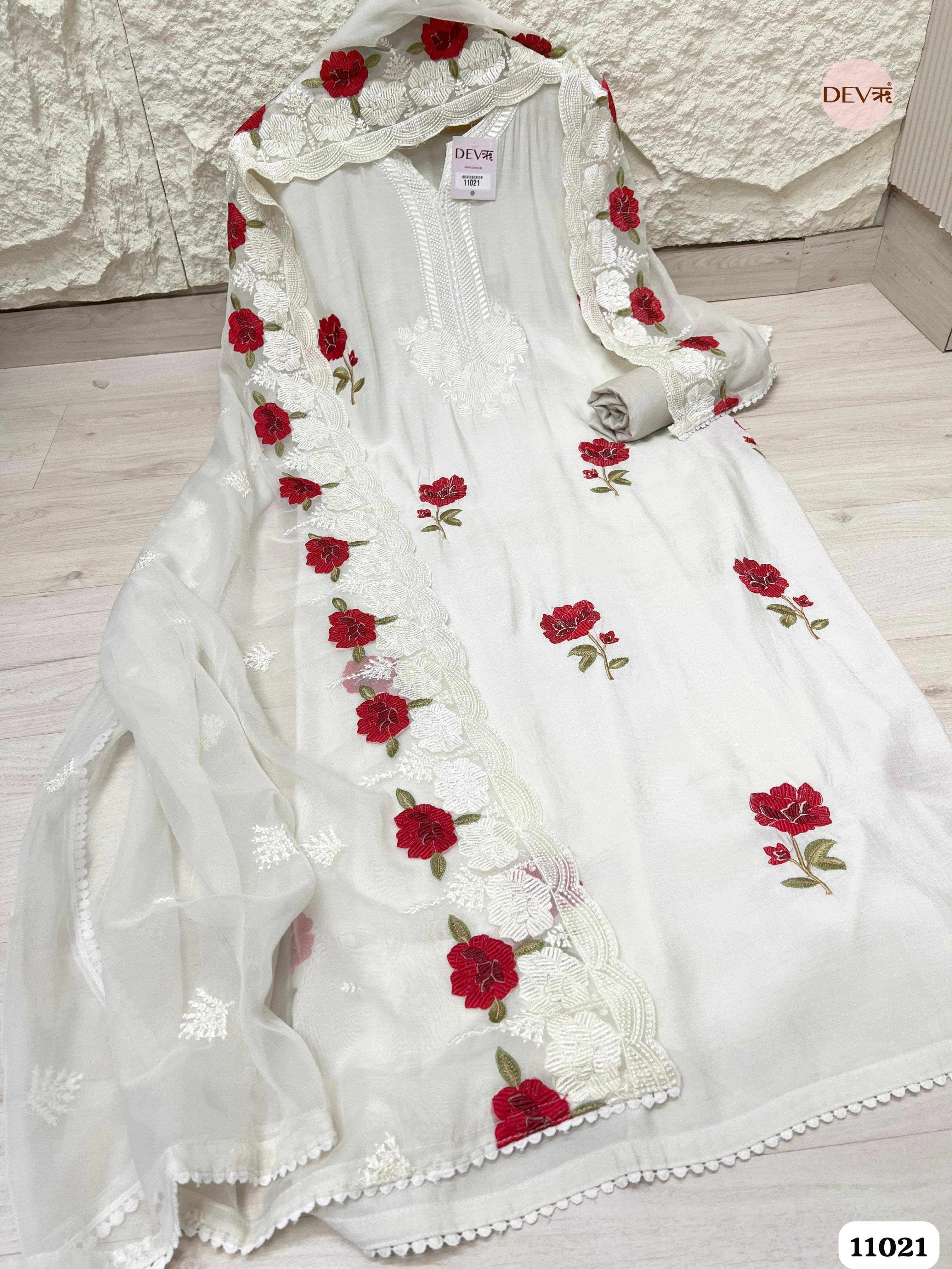 White Organza Unstitched Embroidered -Set Of 3 {11021}