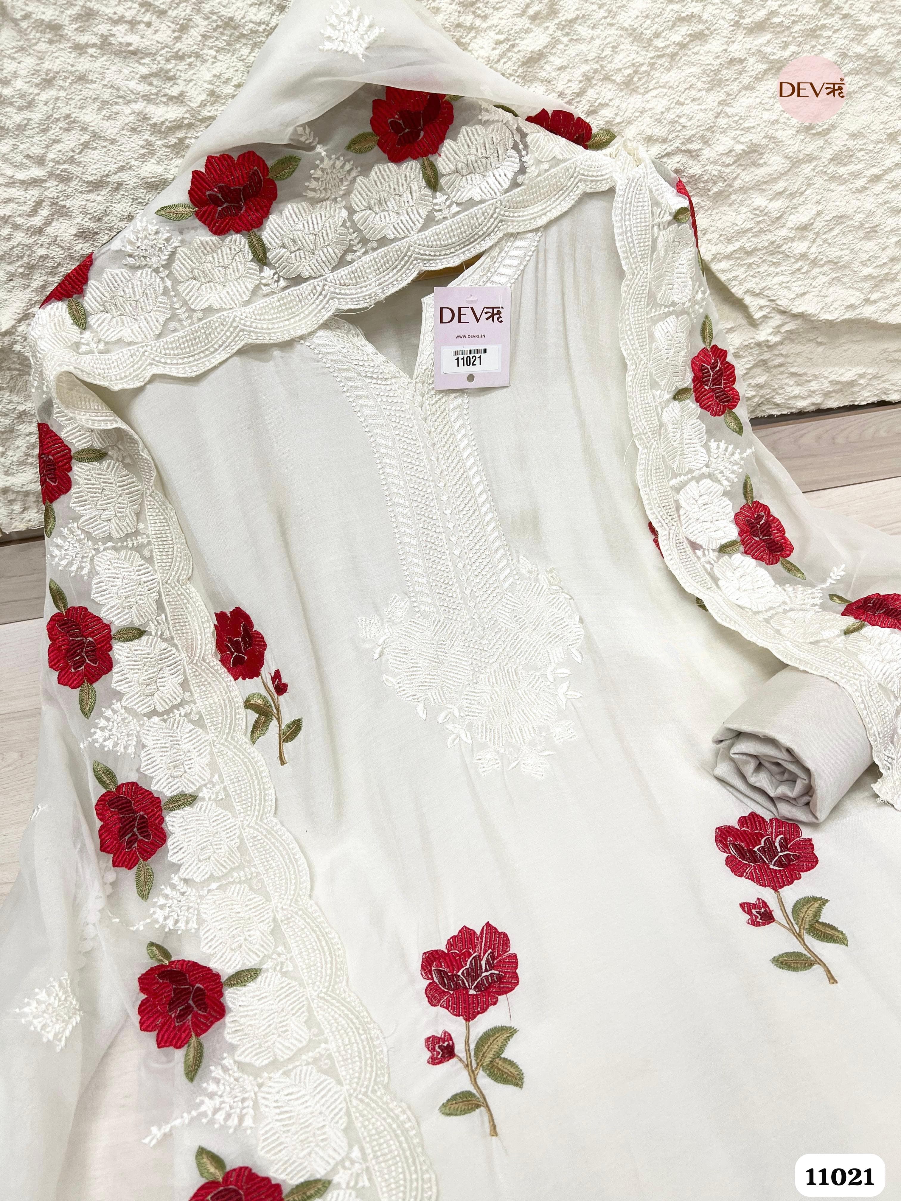 White Organza Unstitched Embroidered -Set Of 3 {11021}