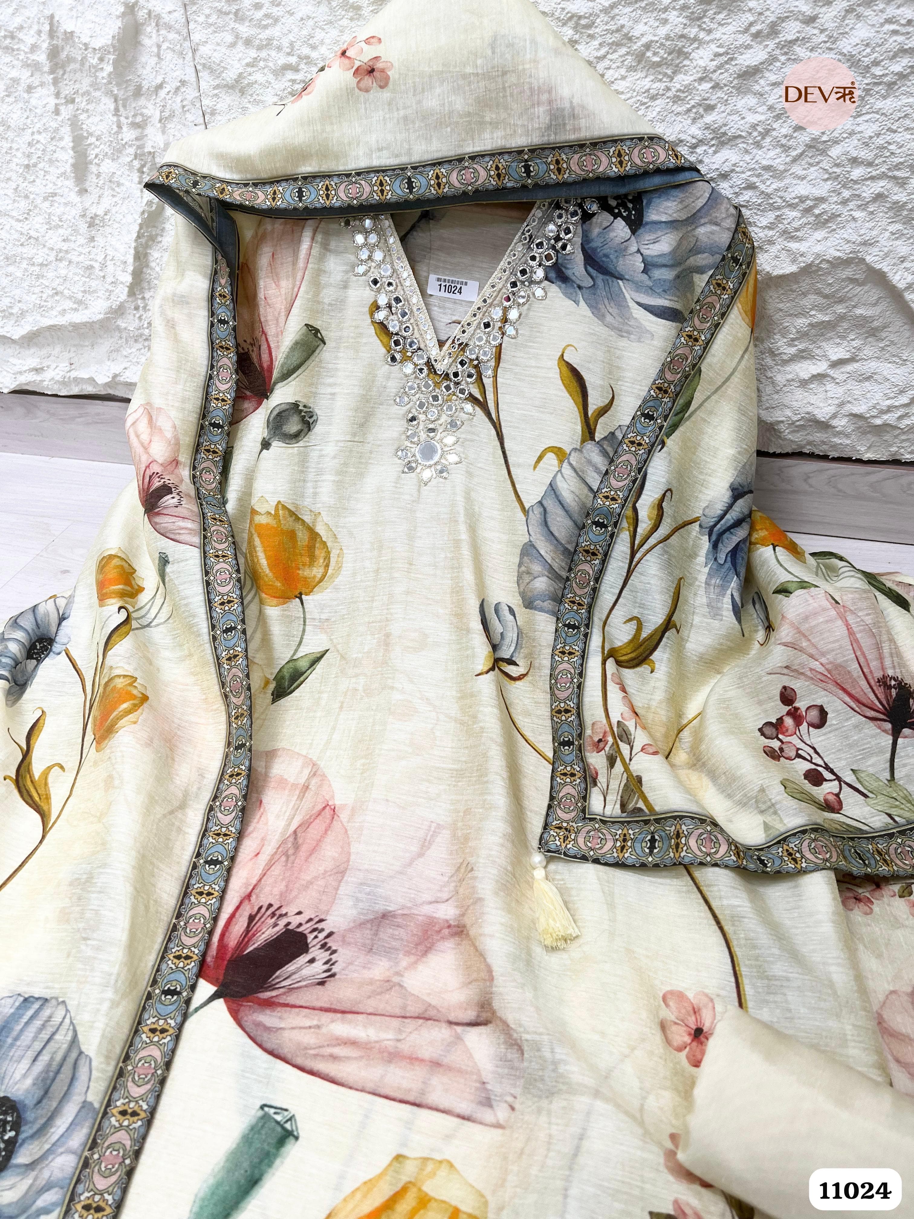 Sunlight Mul Chanderi Unstitched Printed Hand Embidered -Set Of 3 {11024}