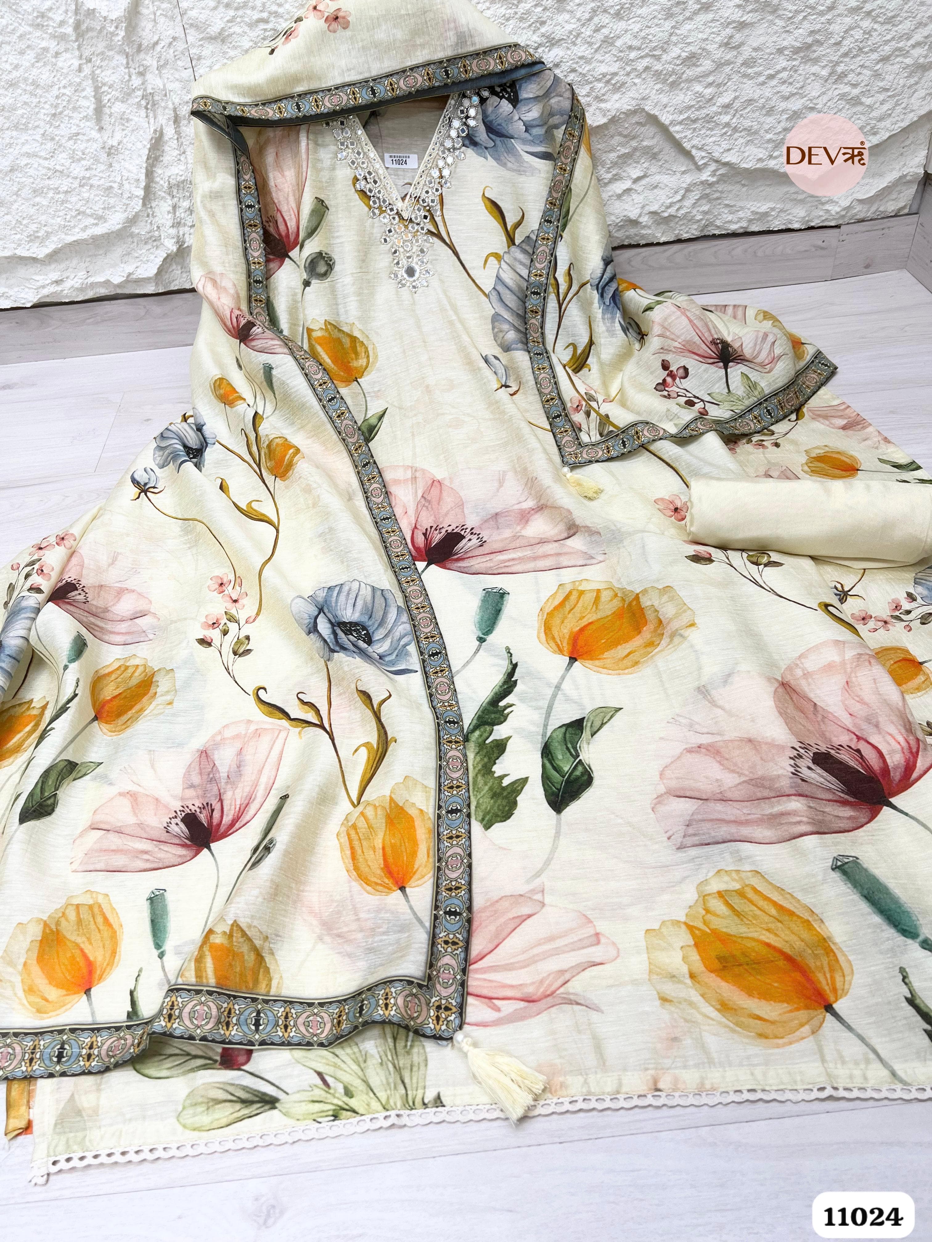 Sunlight Mul Chanderi Unstitched Printed Hand Embidered -Set Of 3 {11024}