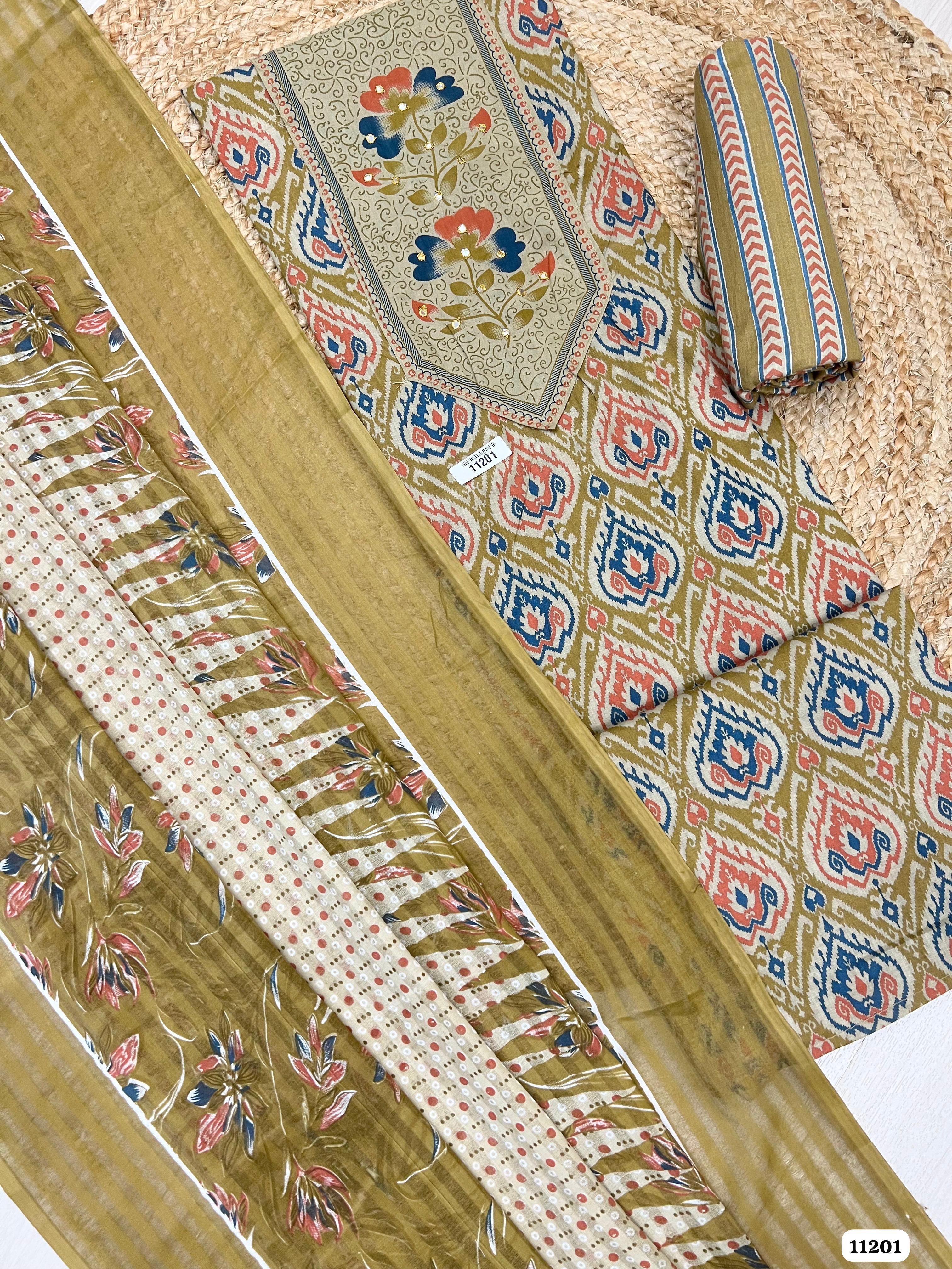 Yellow Cotton Unstitched Printed Hand Embroidered -Set Of 3 {11201}