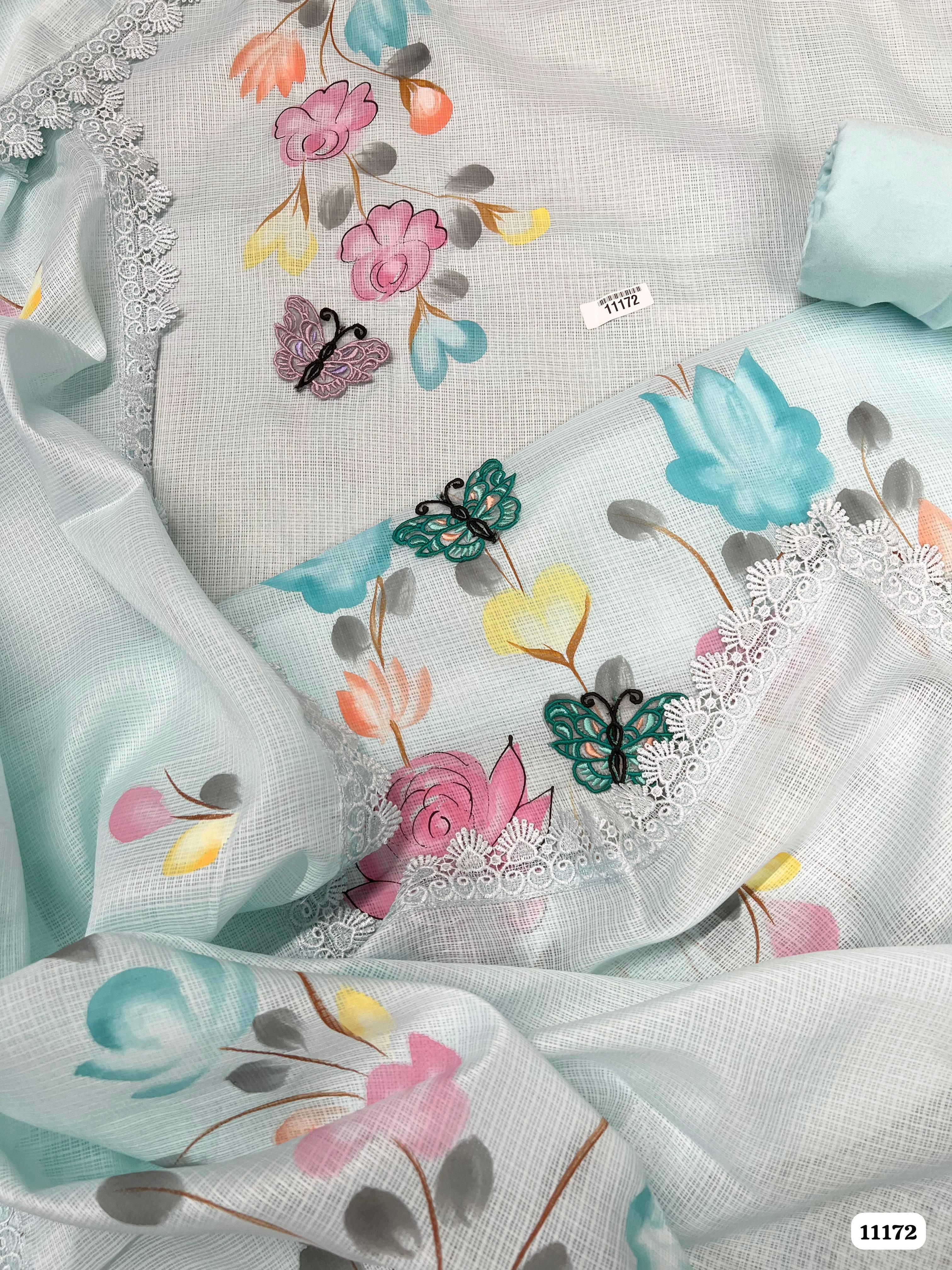Blue Cotton Kota Unstitched Printed Embroidered -Set Of 3