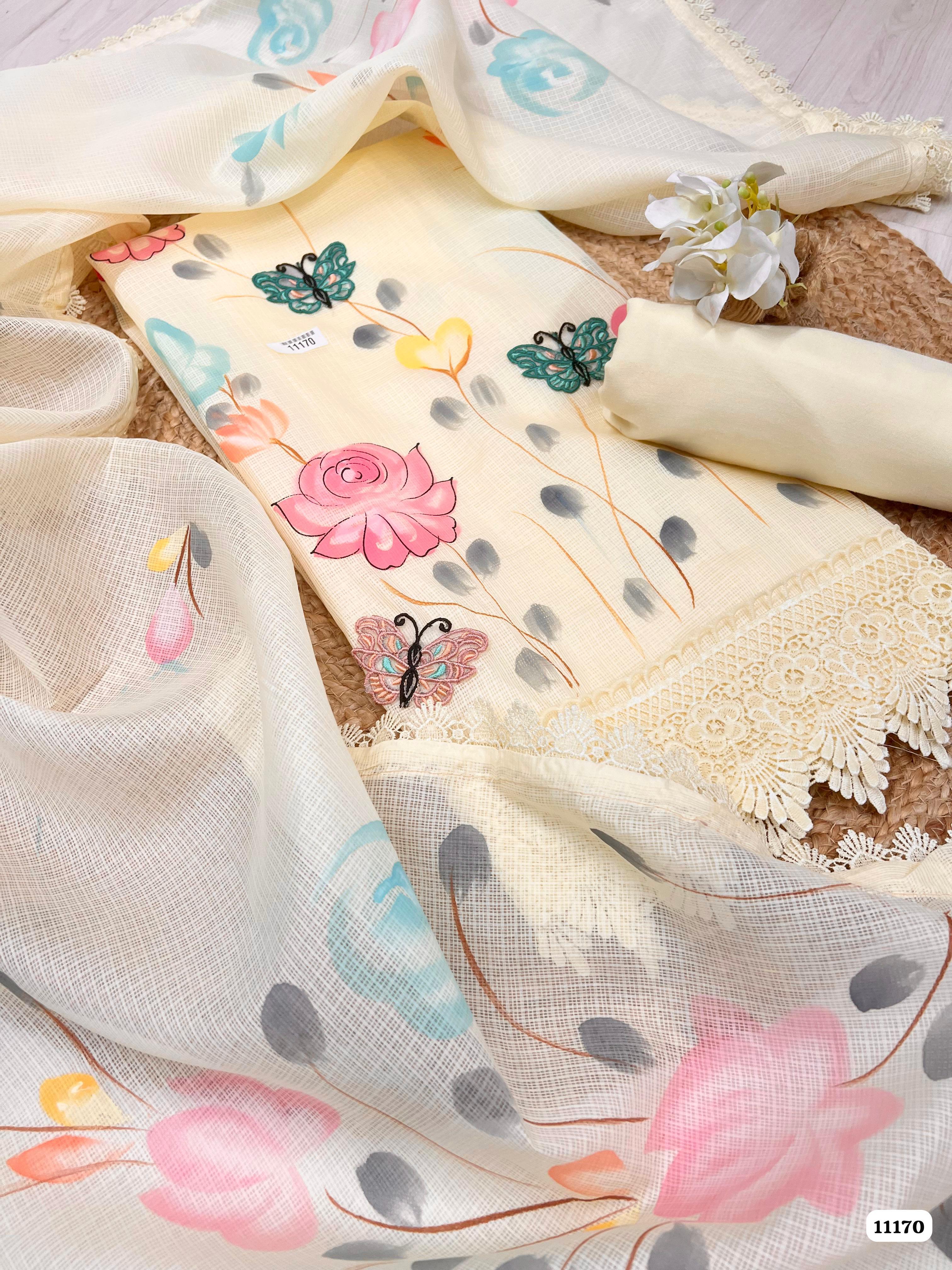 Cream Cotton Kota Unstitched Printed Embroidered -Set Of 3
