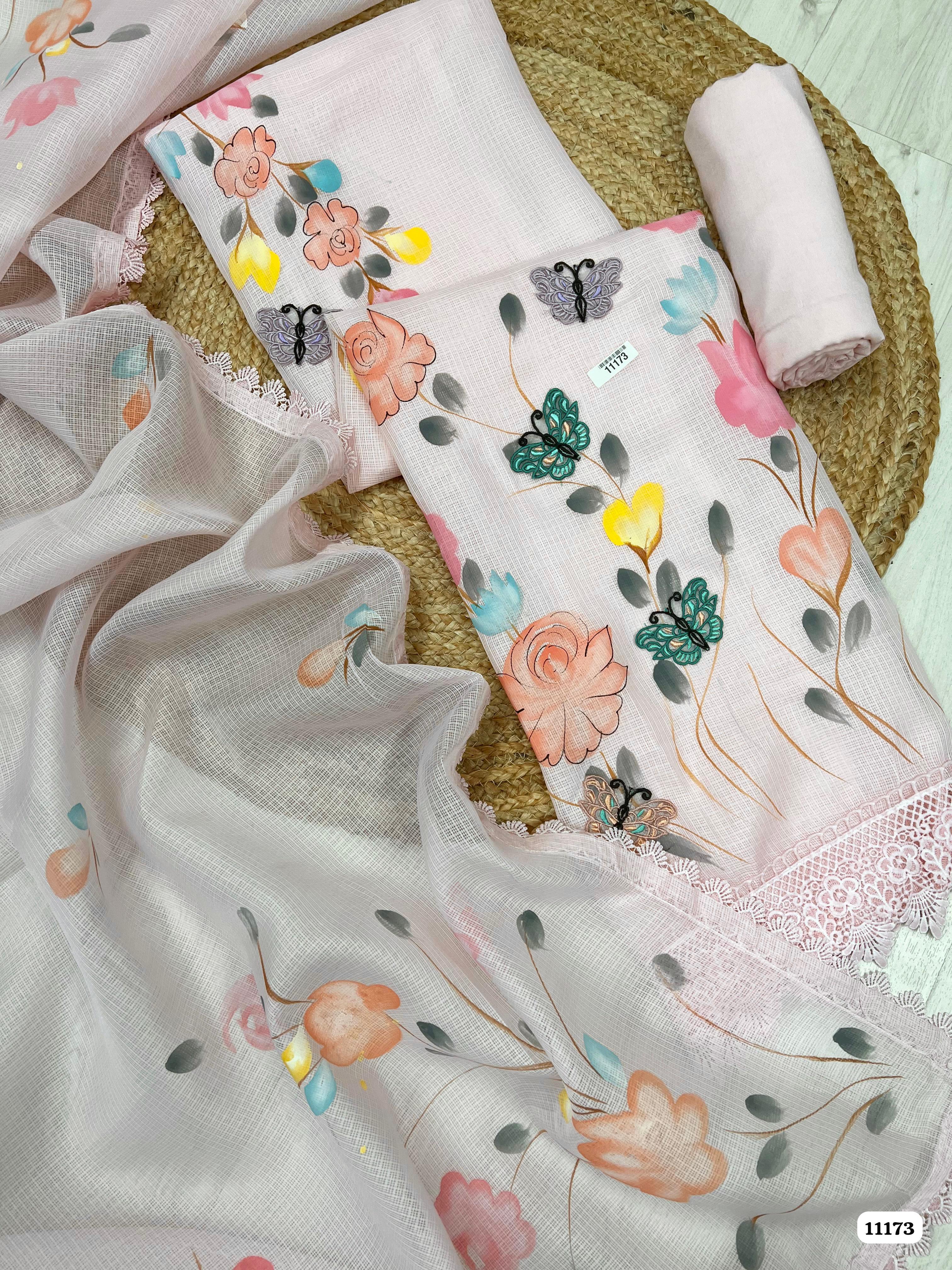 Pink Cotton Kota Unstitched Printed Embroidered -Set Of 3