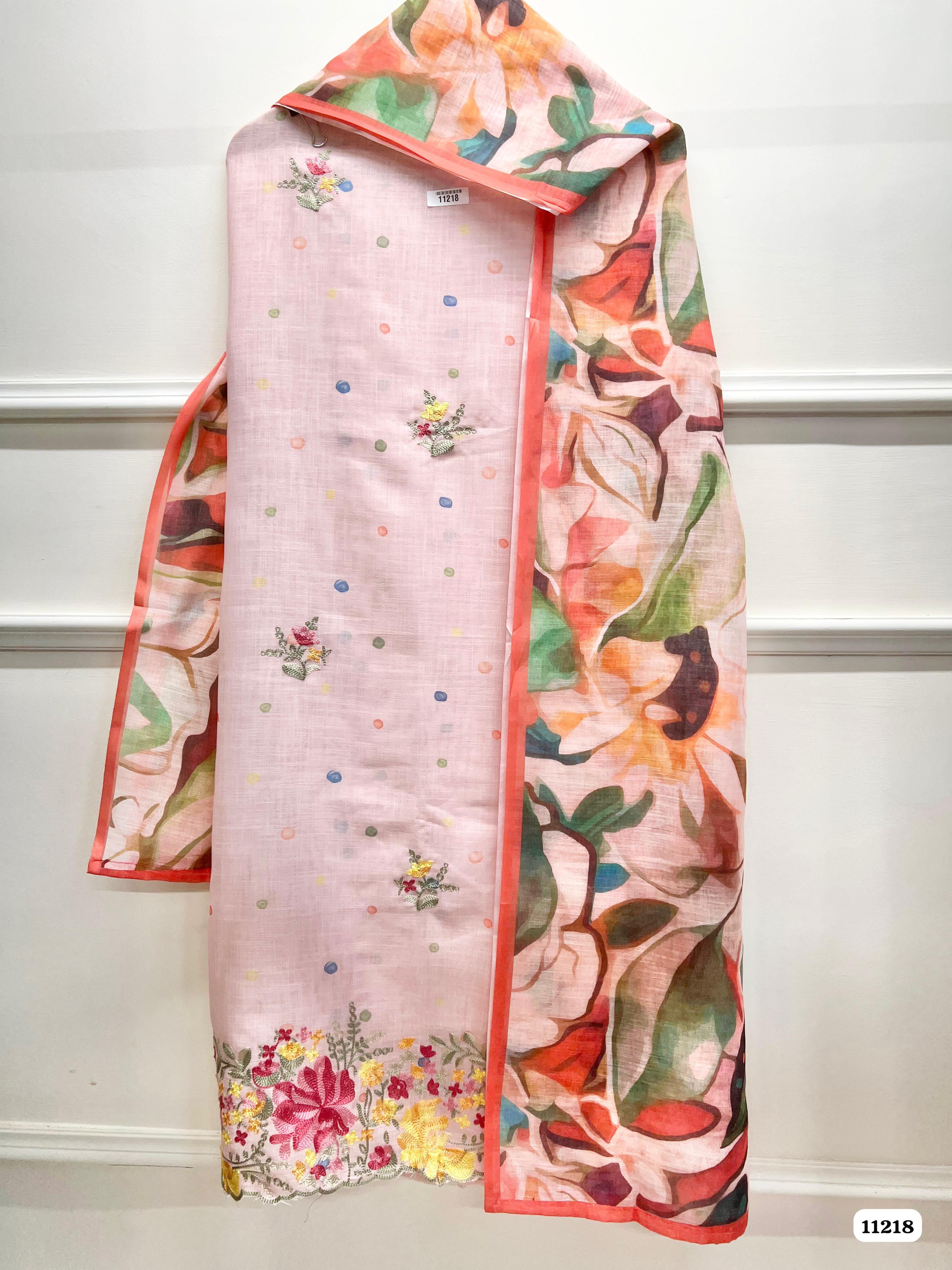 Pink Linen Unstitched Woven Embroidered -Set Of 3