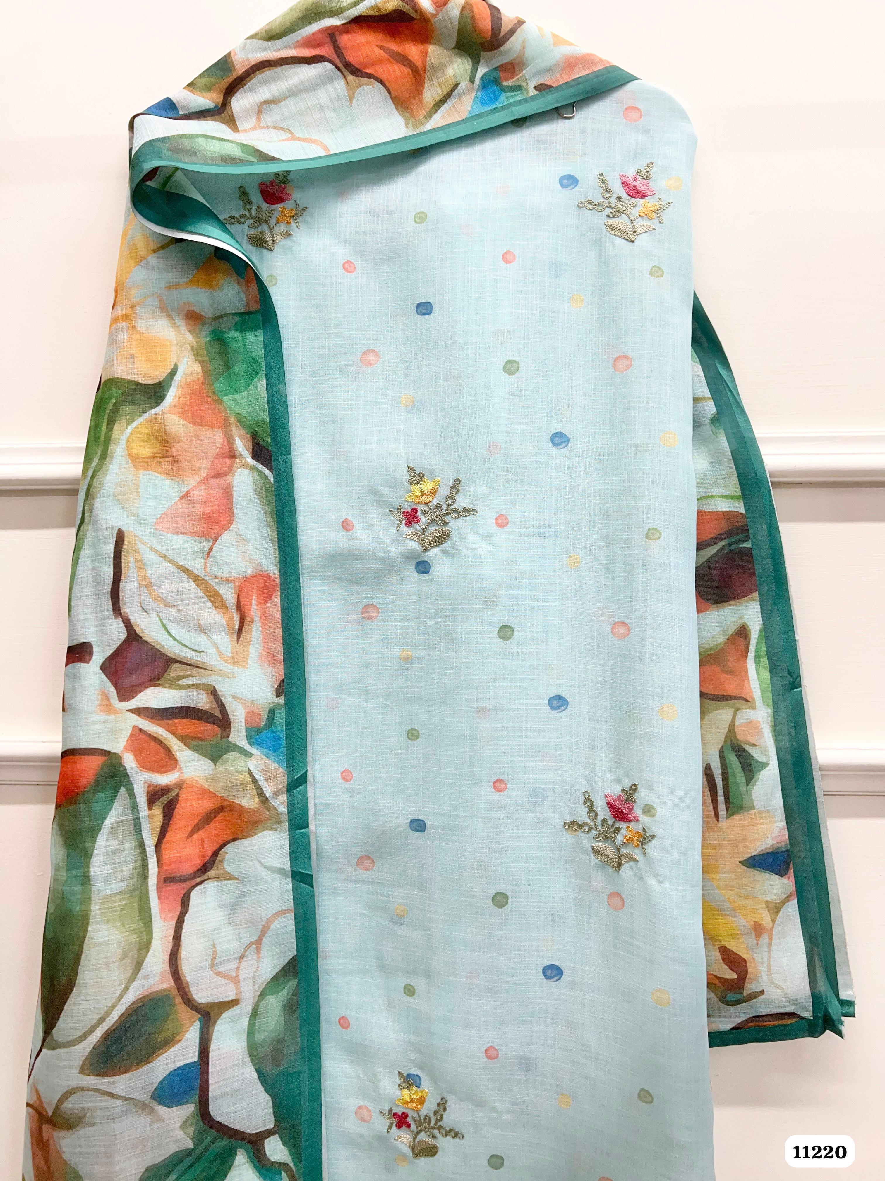 Blue Linen Unstitched Woven Embroidered -Set Of 3