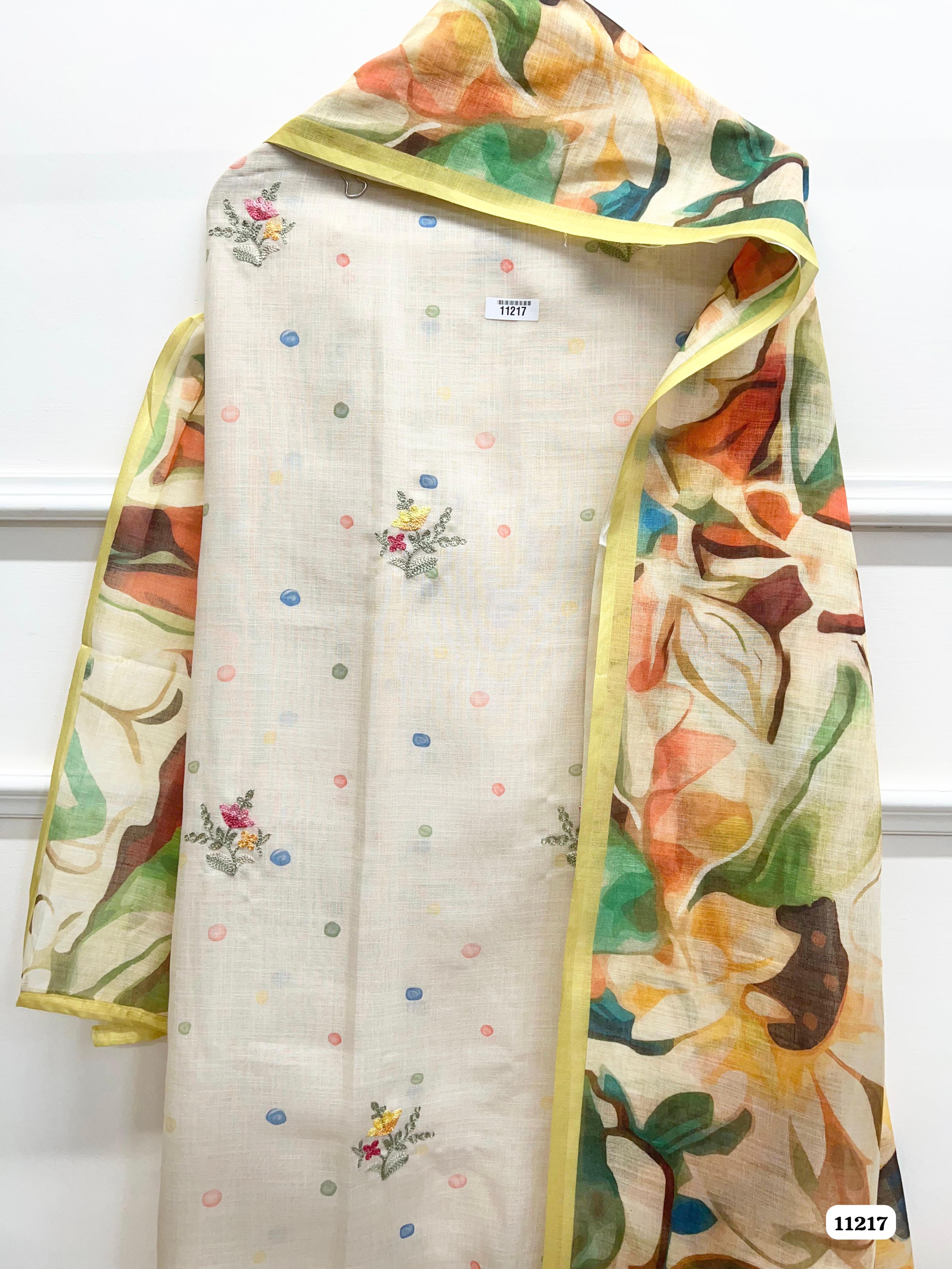 Yellow Linen Unstitched Woven Embroidered -Set Of 3