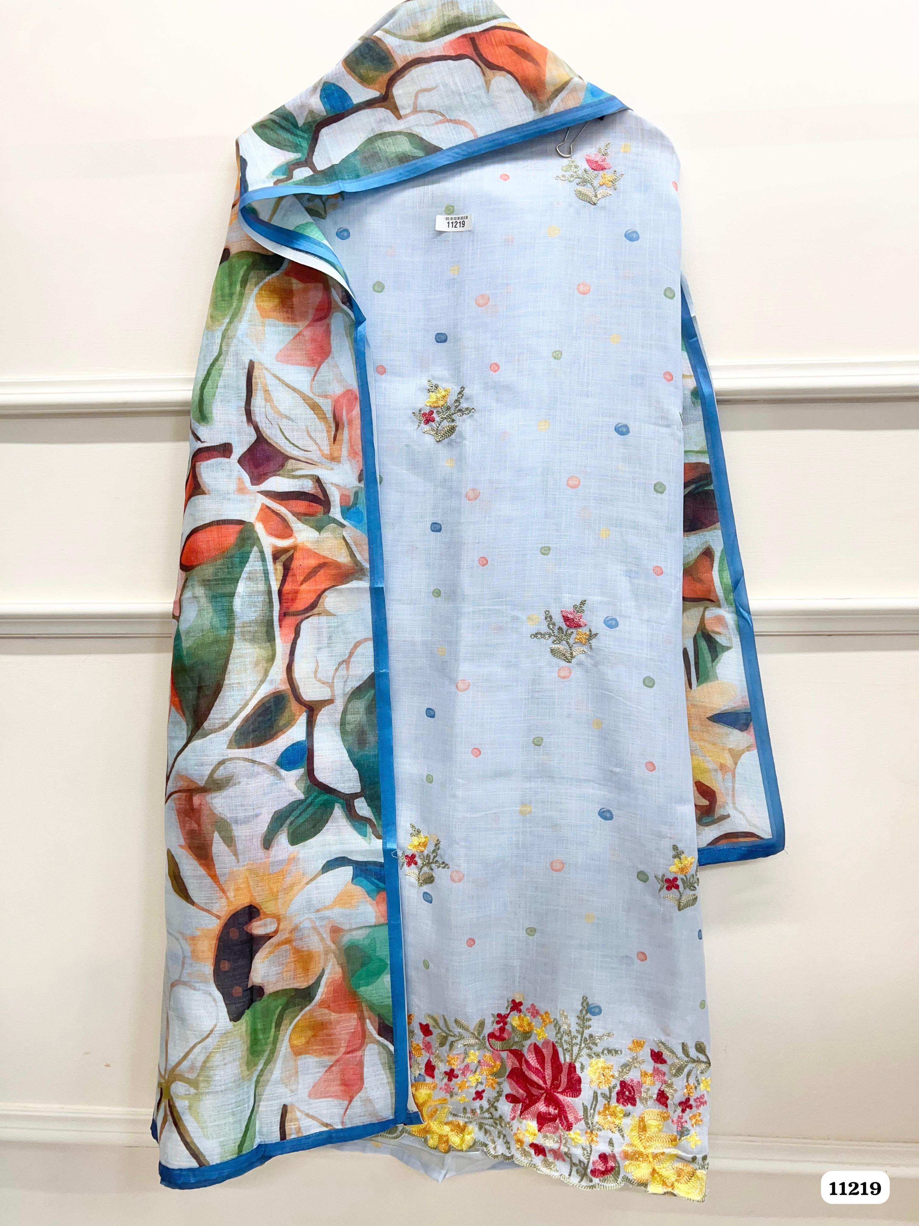 Blue Unstitched Woven Embroidered -Set Of 3 {11219}