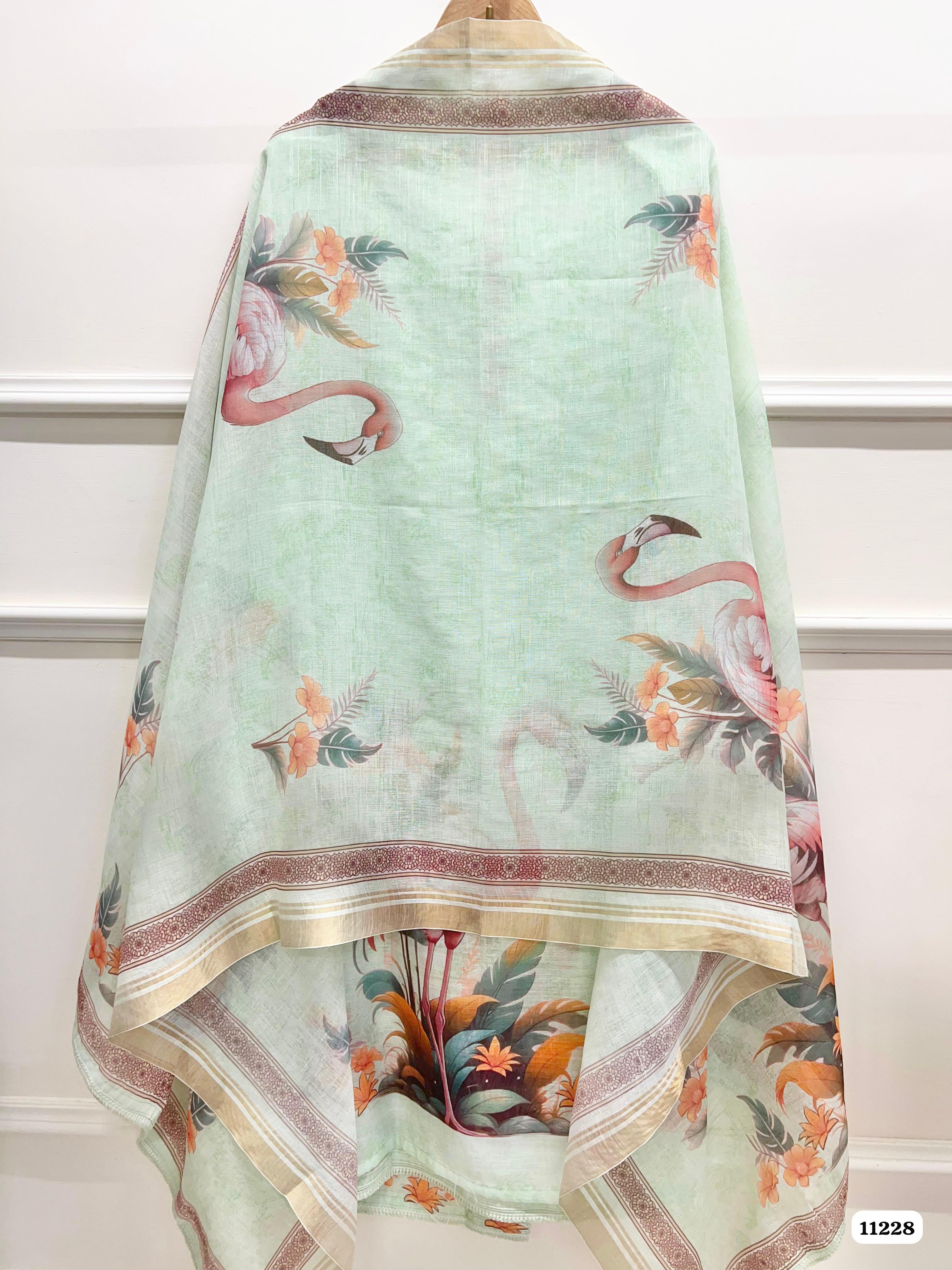 Green Linen Unstitched Printed Hand Embidered -Set Of 3