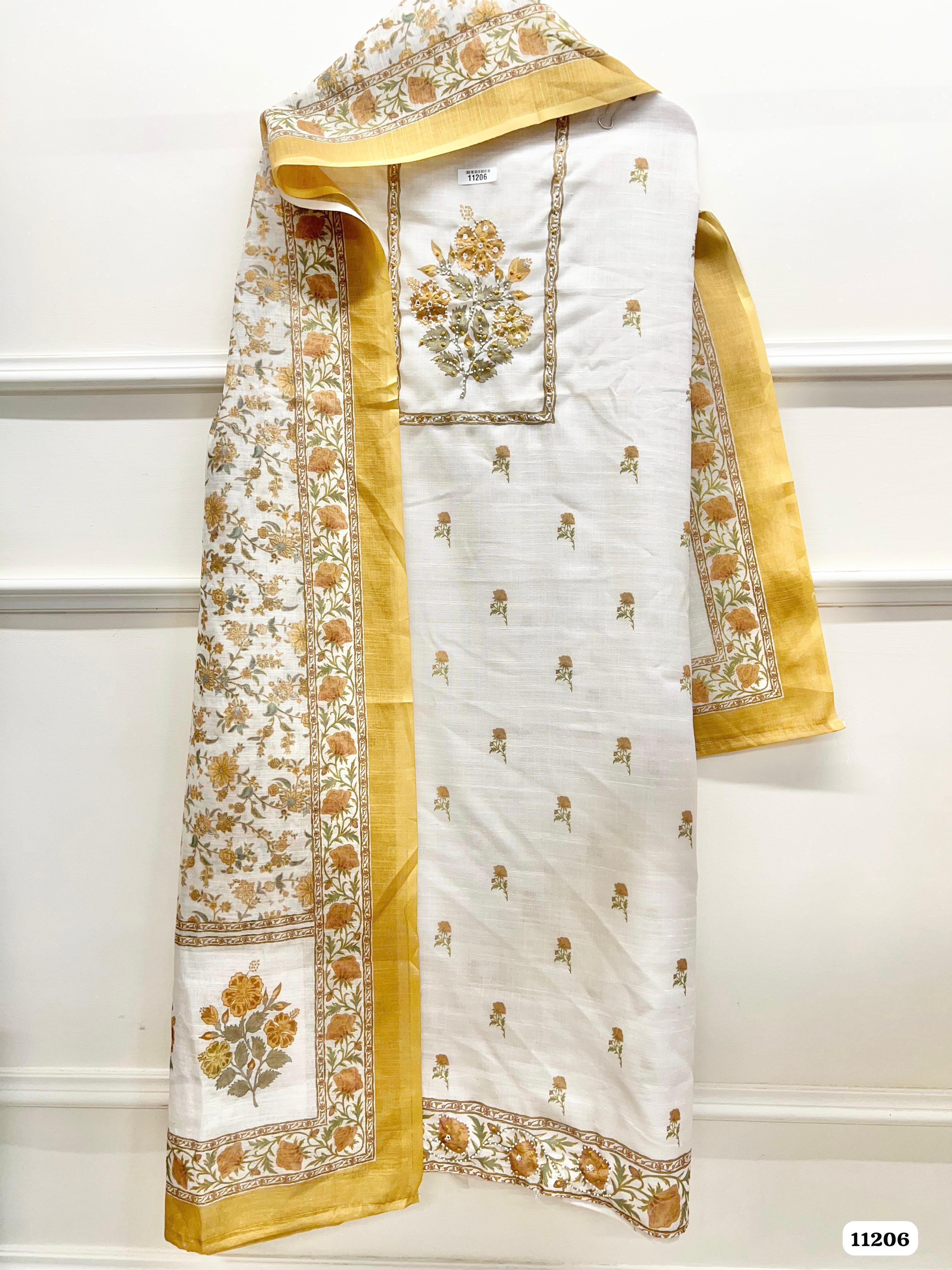 Golden Unstitched Printed Hand Embidered -Set Of 3 {11206}