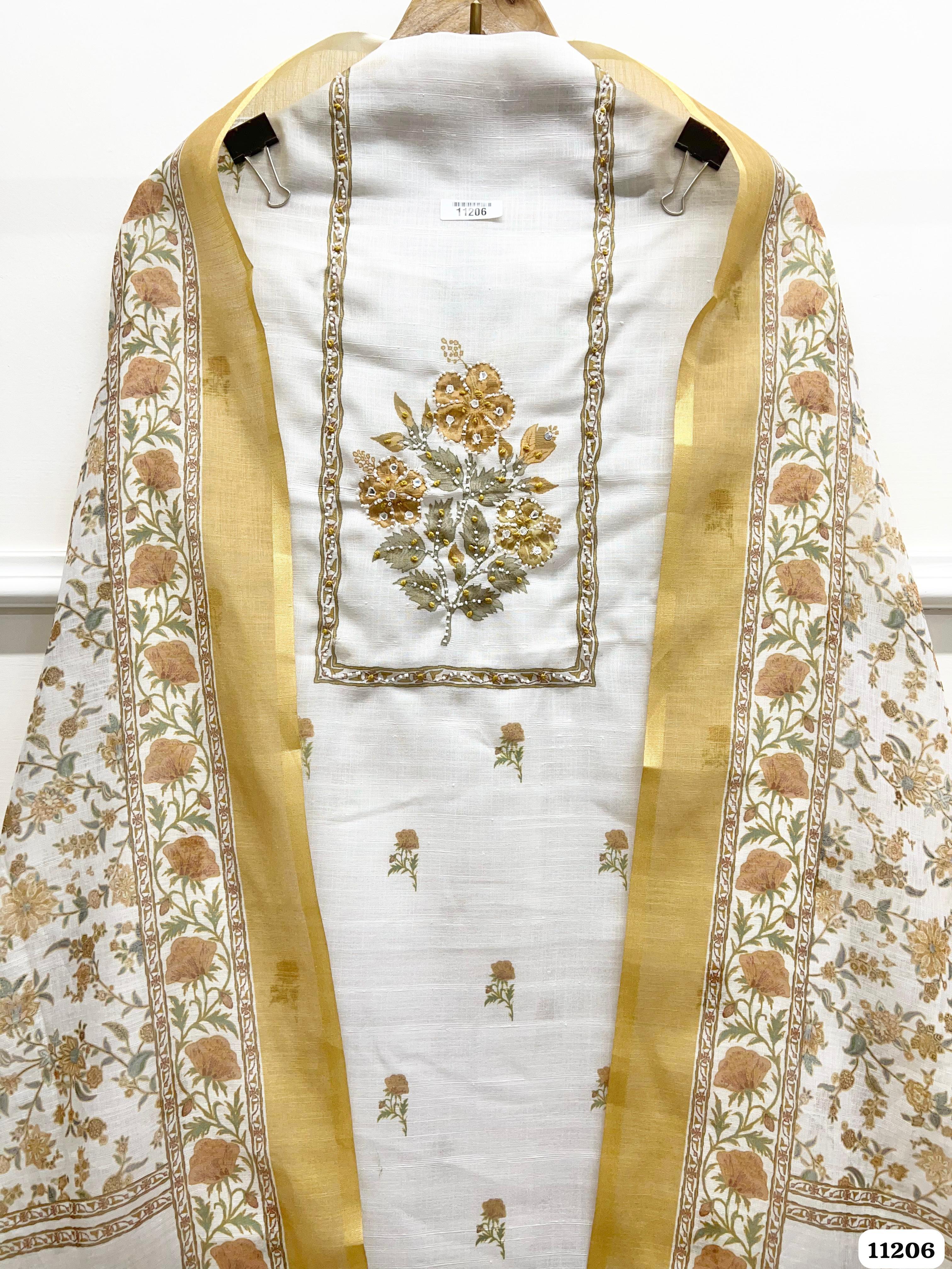 Golden Unstitched Printed Hand Embidered -Set Of 3 {11206}