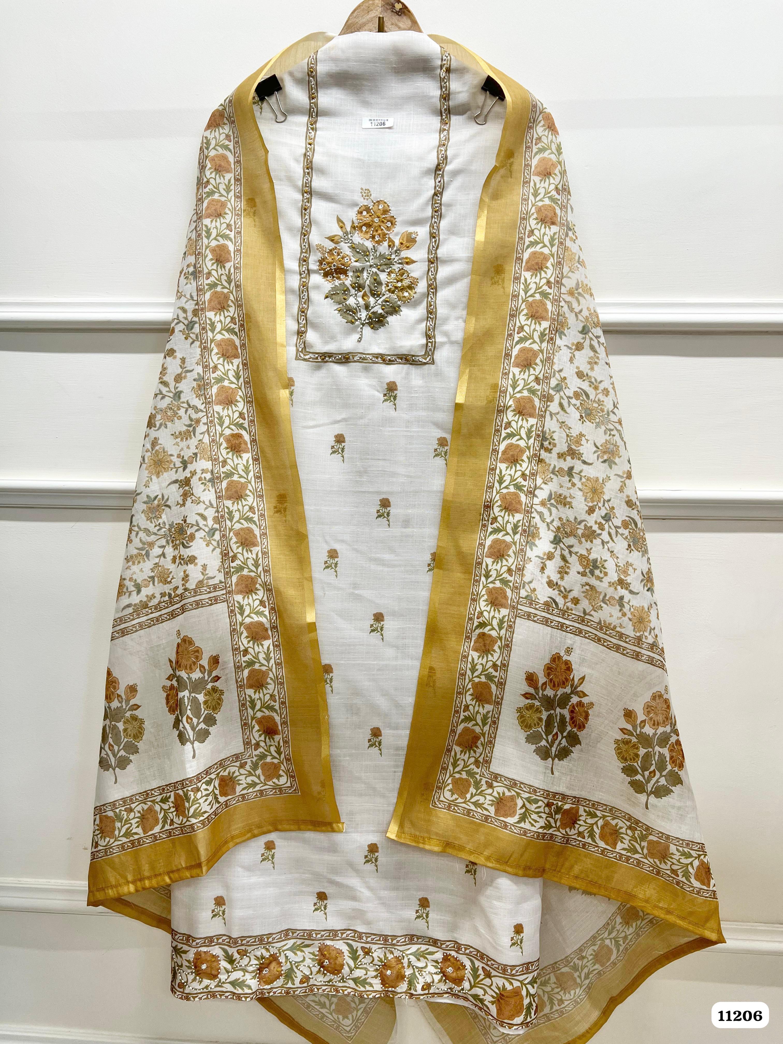 Golden Unstitched Printed Hand Embidered -Set Of 3 {11206}