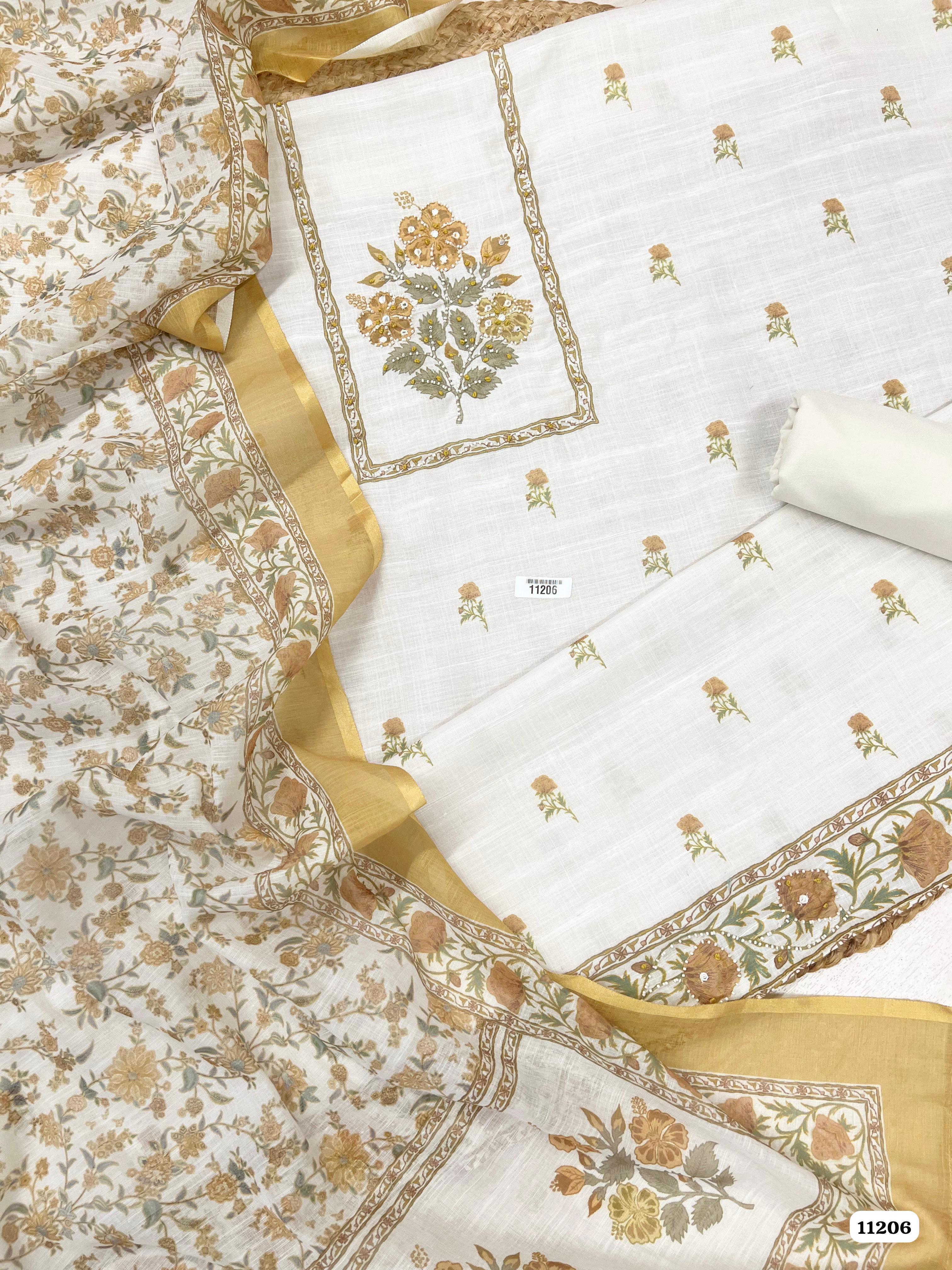 Golden Unstitched Printed Hand Embidered -Set Of 3 {11206}