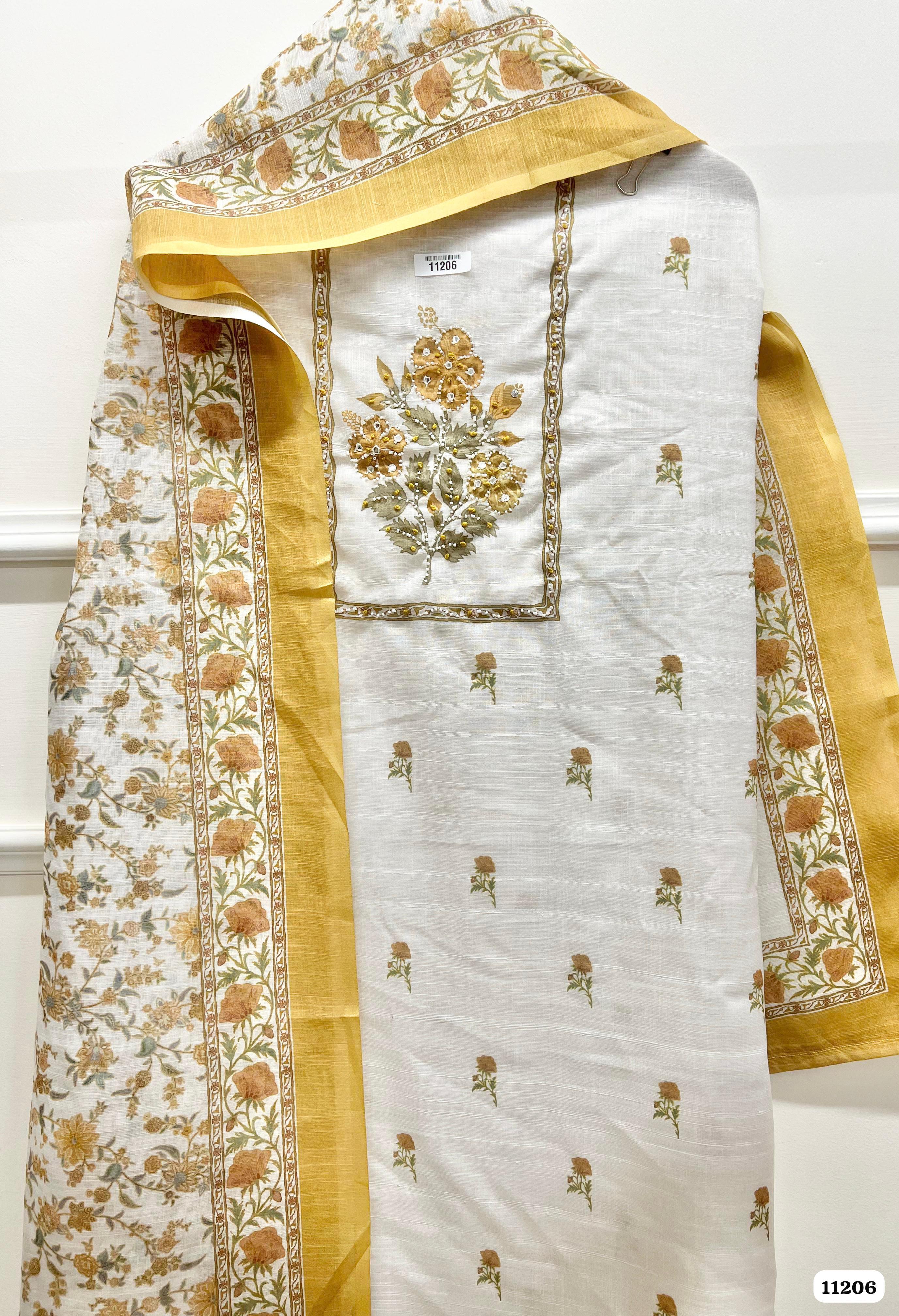 Golden Unstitched Printed Hand Embidered -Set Of 3 {11206}