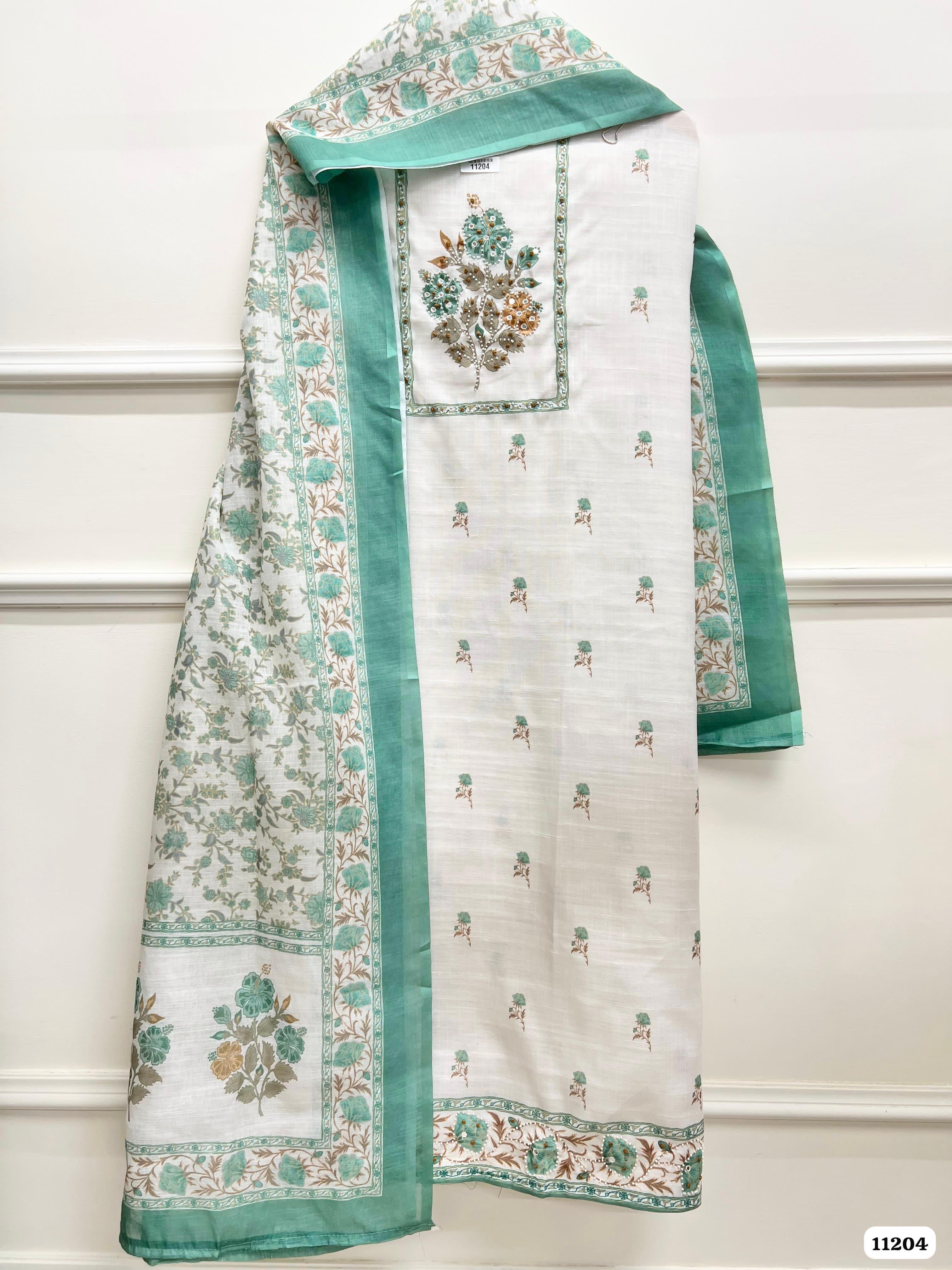 Green Linen Unstitched Printed Hand Embidered -Set Of 3 {11204}