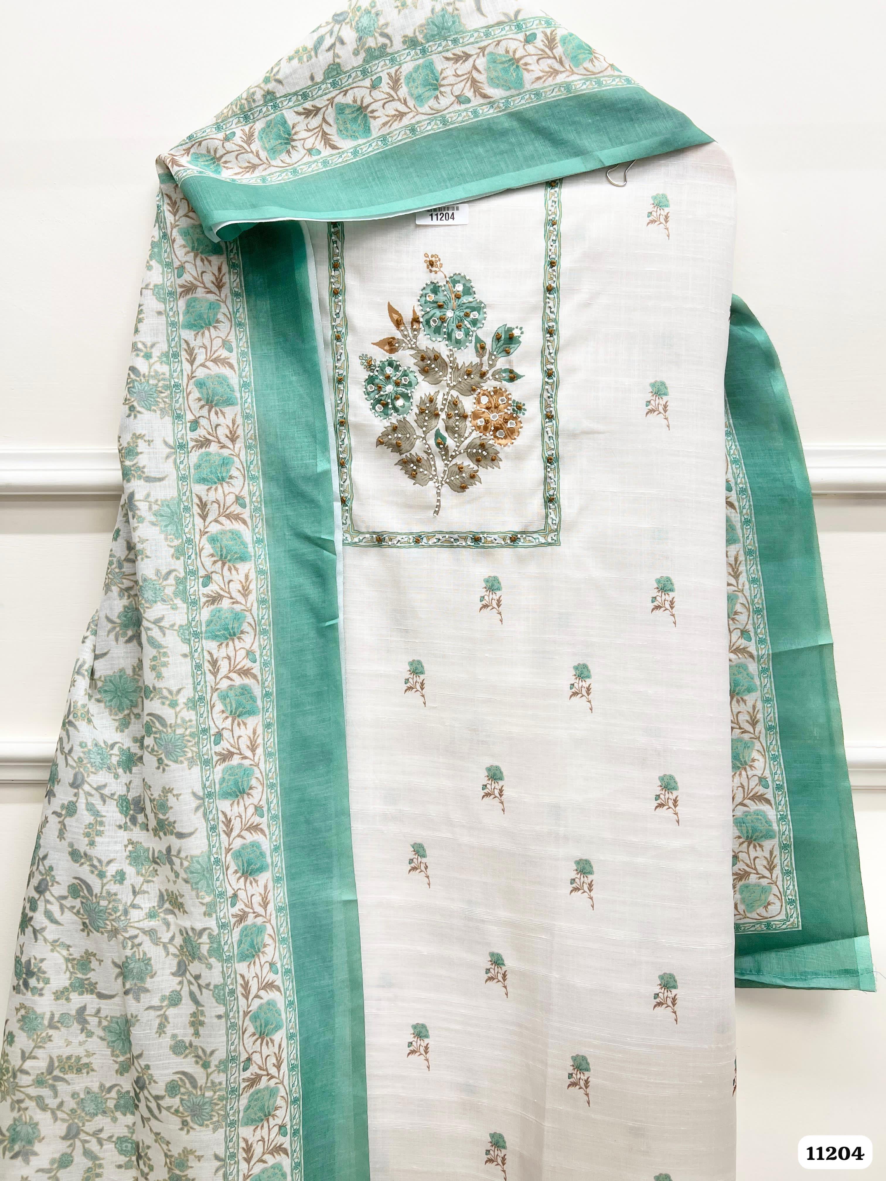 Green Linen Unstitched Printed Hand Embidered -Set Of 3 {11204}