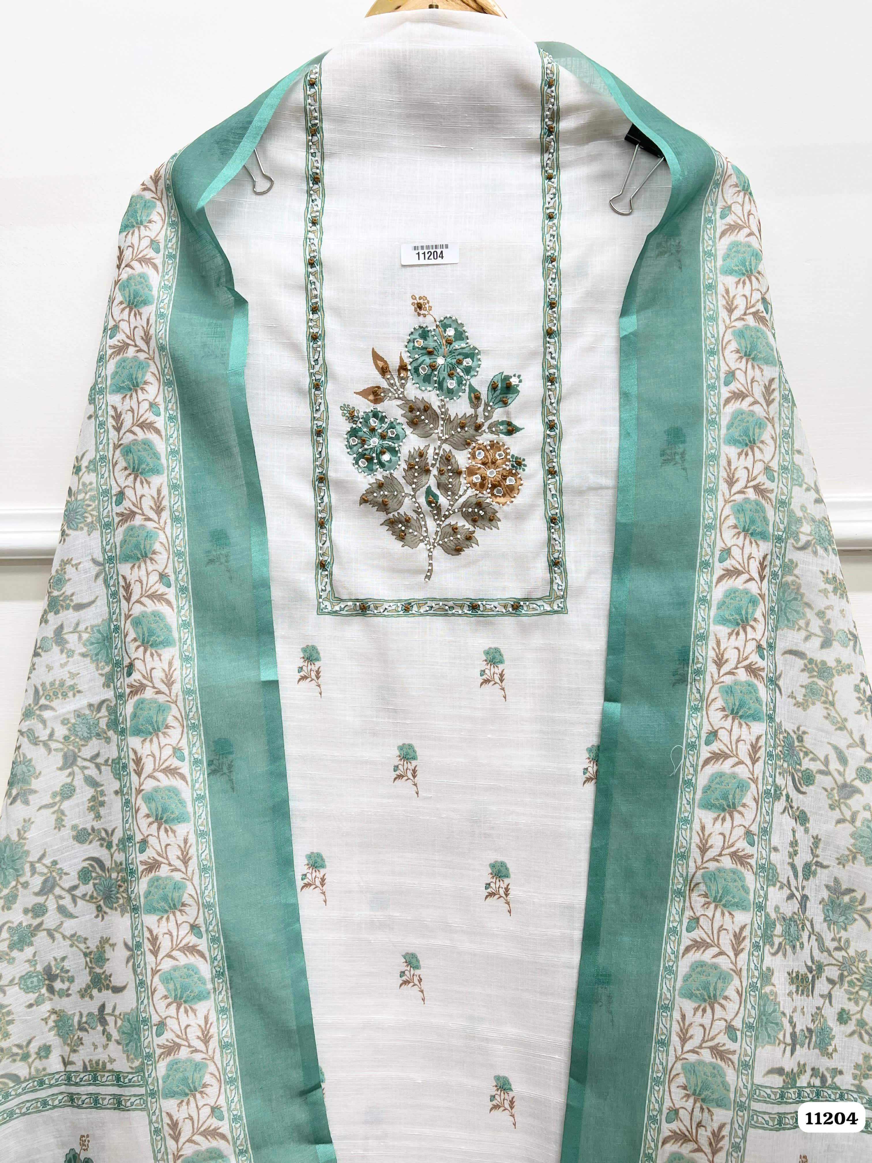 Green Linen Unstitched Printed Hand Embidered -Set Of 3 {11204}