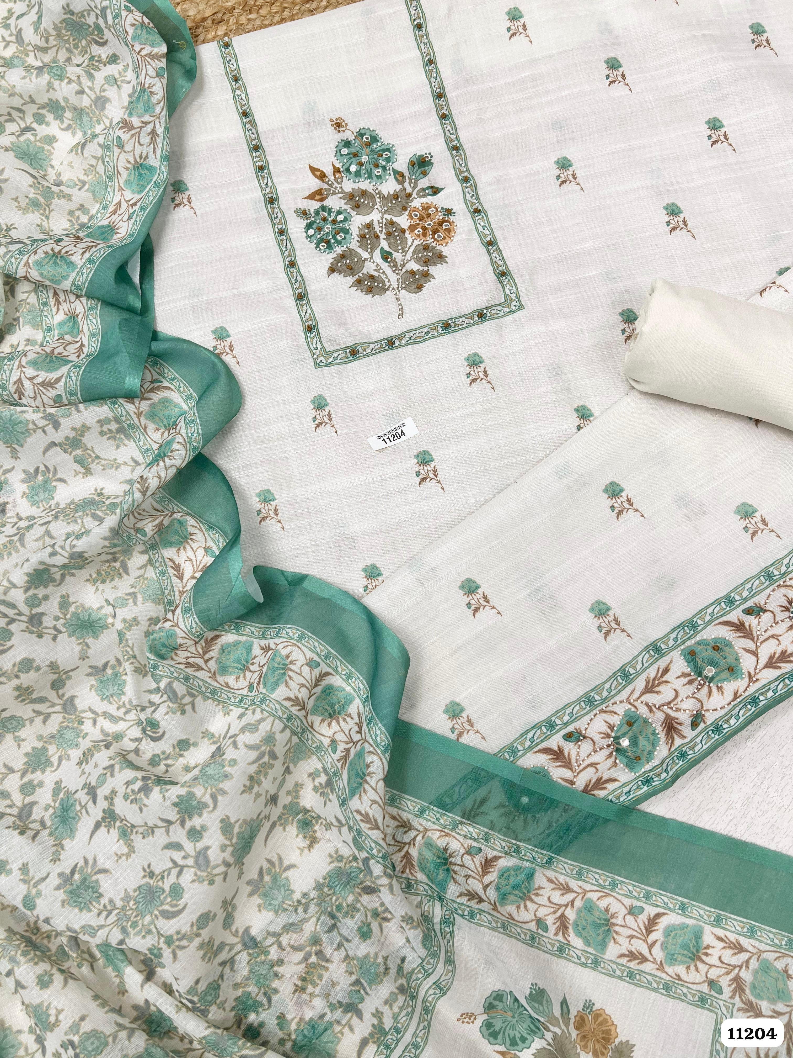 Green Linen Unstitched Printed Hand Embidered -Set Of 3 {11204}