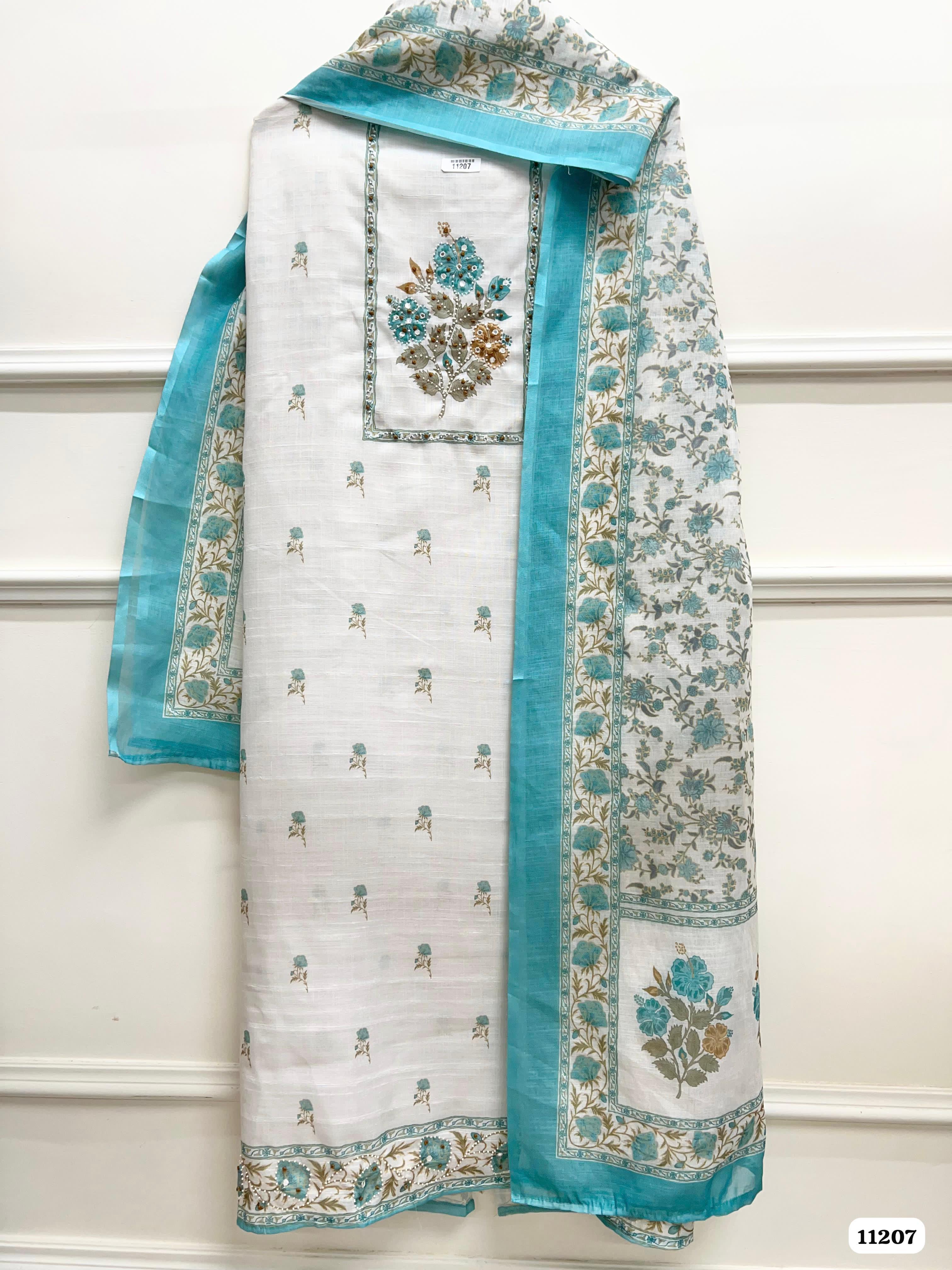 Blue Linen Unstitched Printed Hand Embroidered -Set Of 3