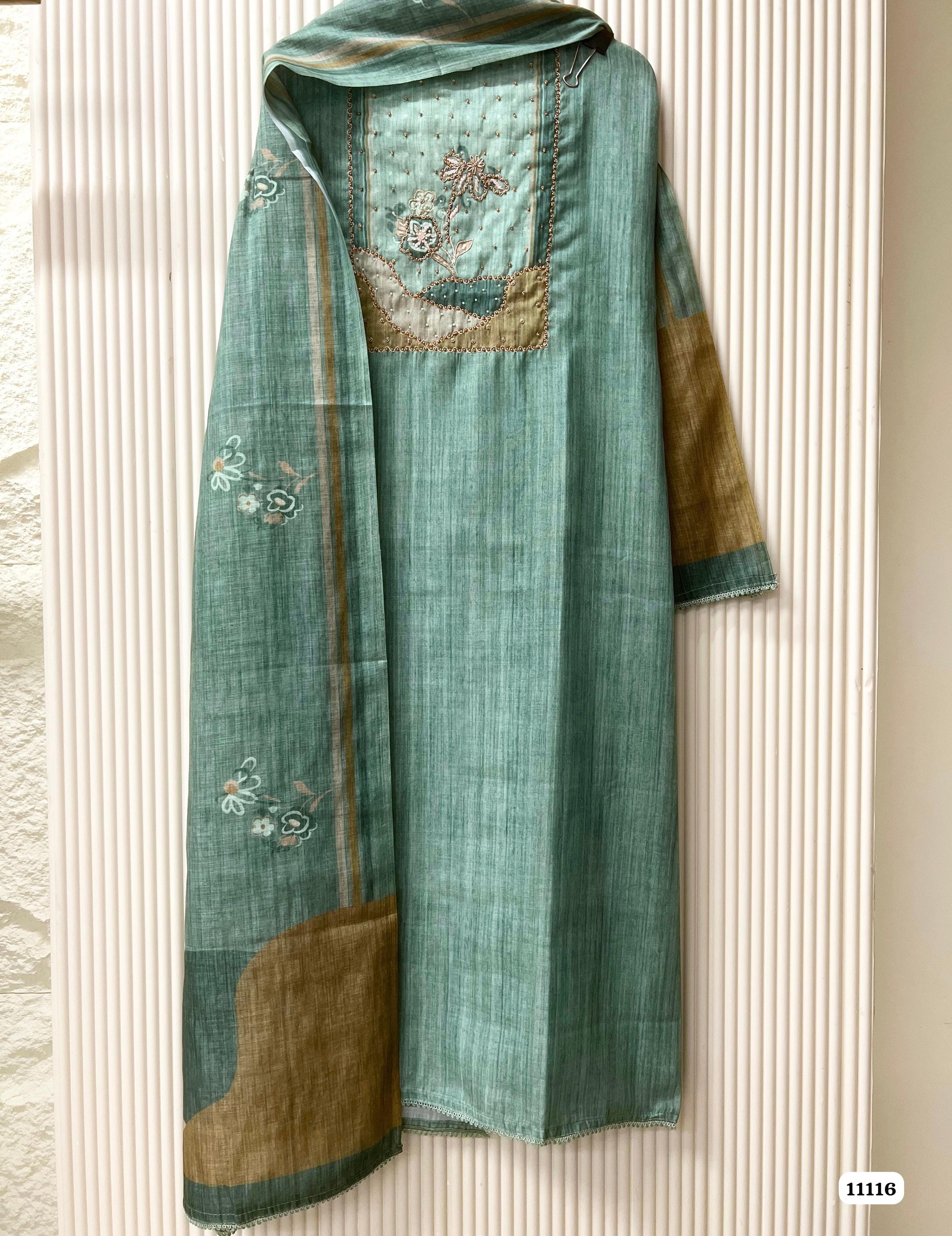 Green Linen Printed Unstitched Hand Embroidered -Set Of 3