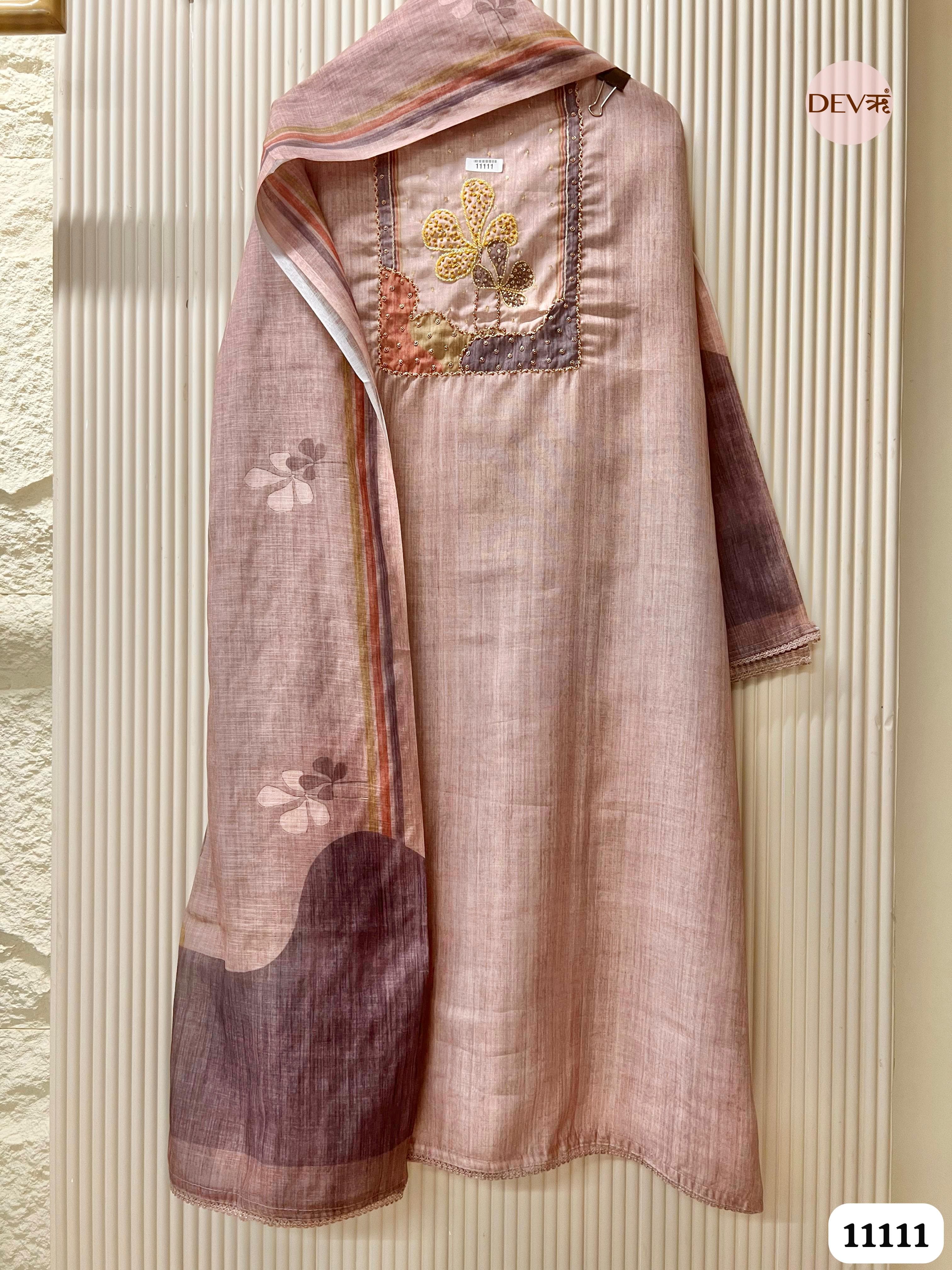 Cream Linen Printed Unstitched Hand Embroidered -Set Of 3