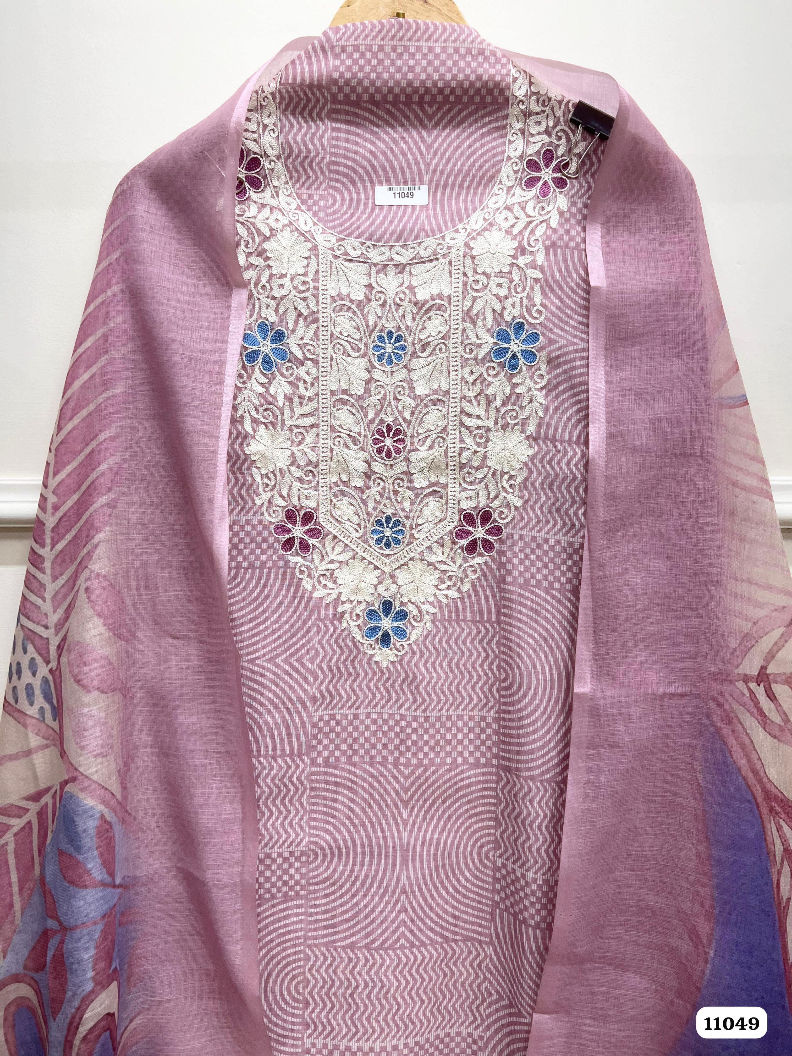 Purple Linen printed Unstitched Embroidered-Set Of 3