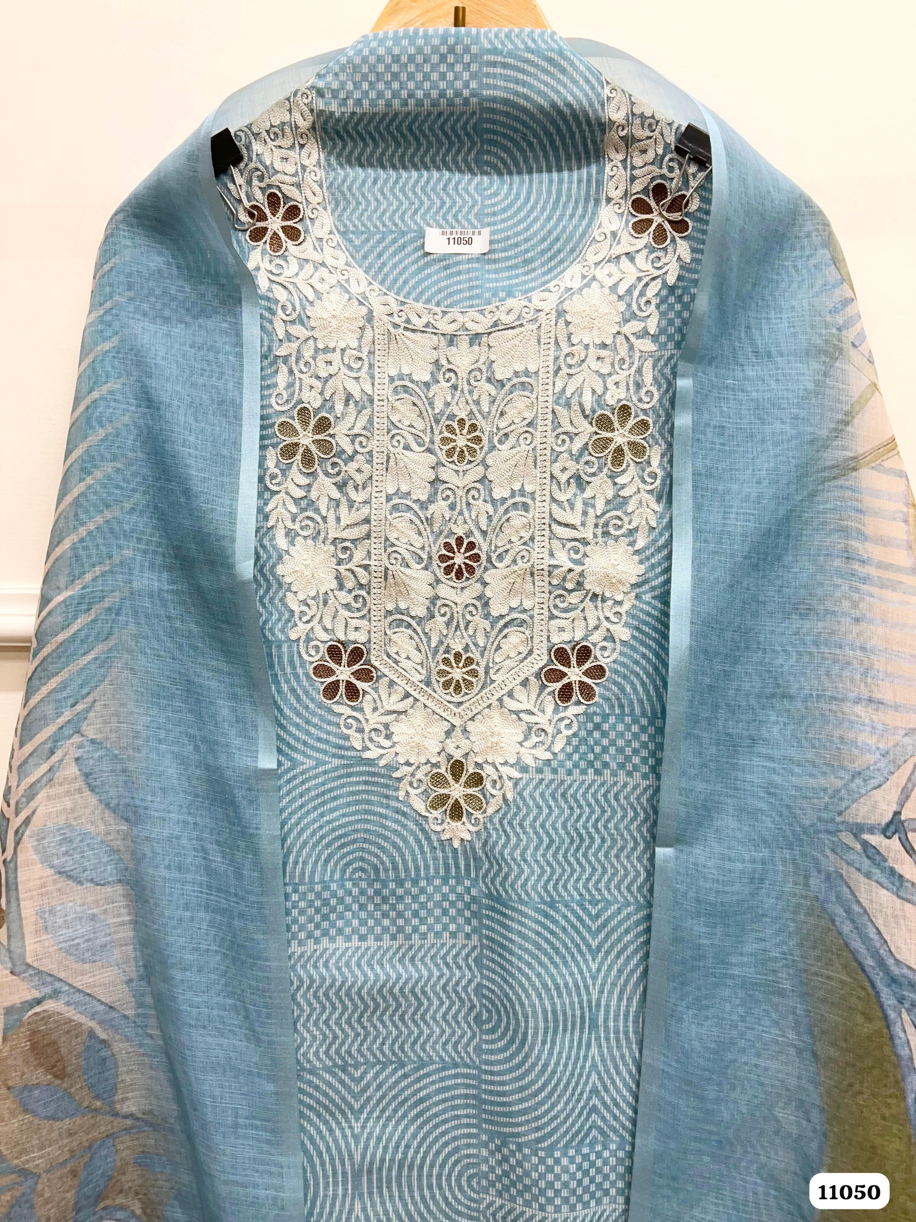 Blue Linen printed Unstitched Embroidered-Set Of 3